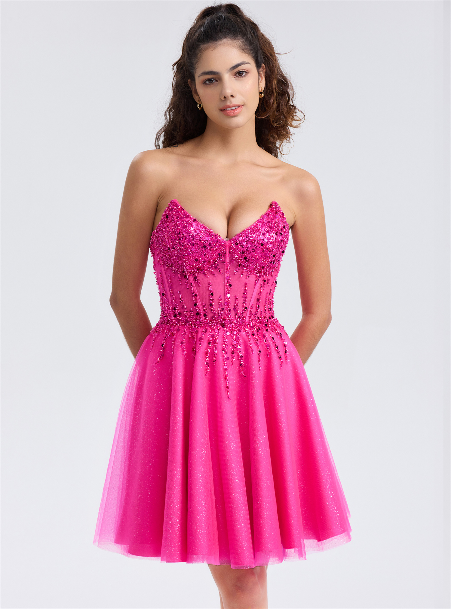 Sparkly A-line V-Neck Tulle Strapless Beaded Homecoming Dress #HC2402127