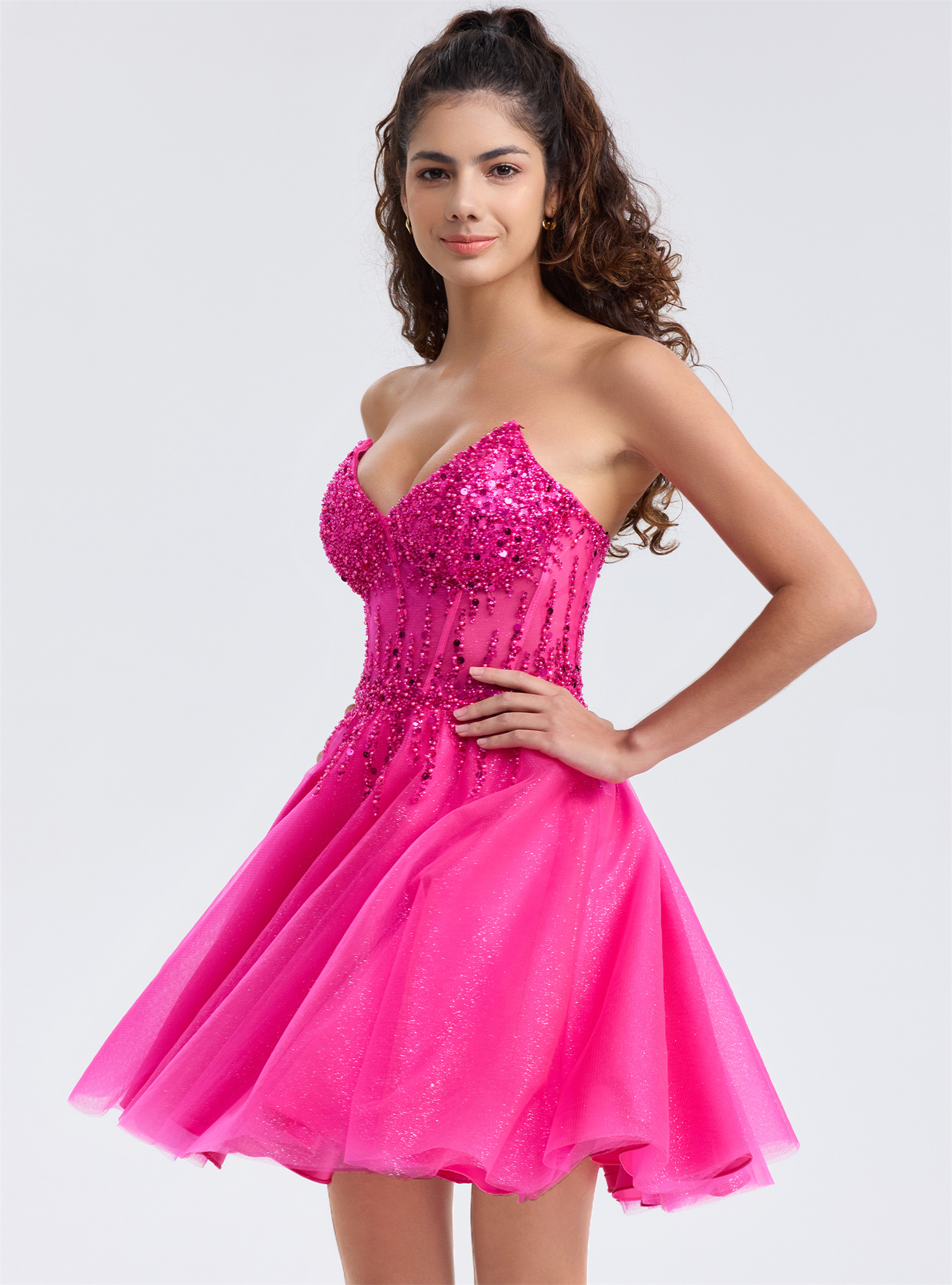 Sparkly A-line V-Neck Tulle Strapless Beaded Homecoming Dress #HC2402127