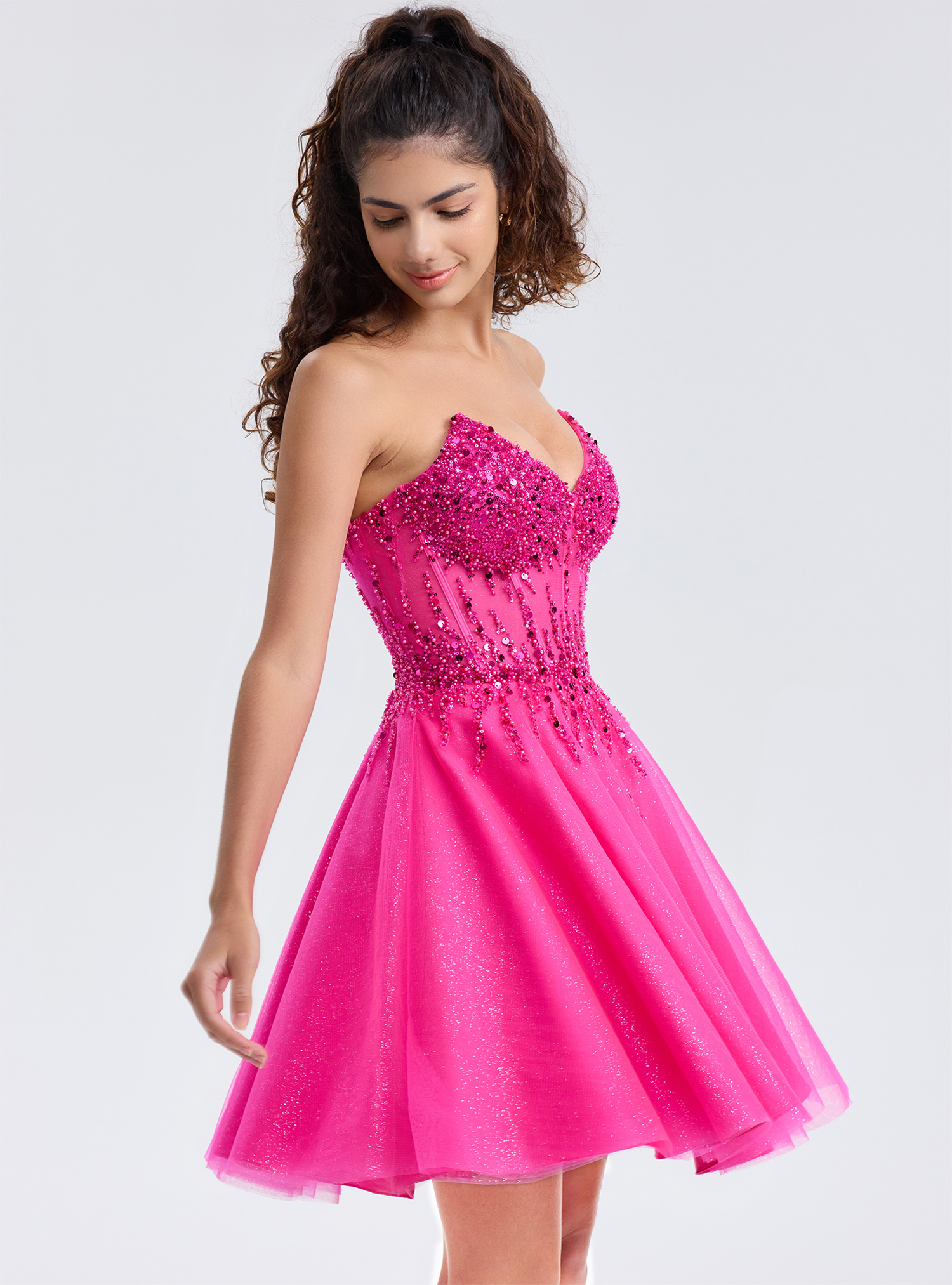 Sparkly A-line V-Neck Tulle Strapless Beaded Homecoming Dress #HC2402127