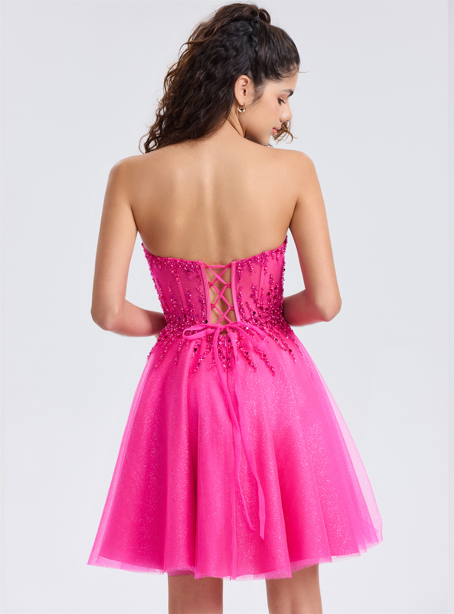 Sparkly A-line V-Neck Tulle Strapless Beaded Homecoming Dress #HC2402127