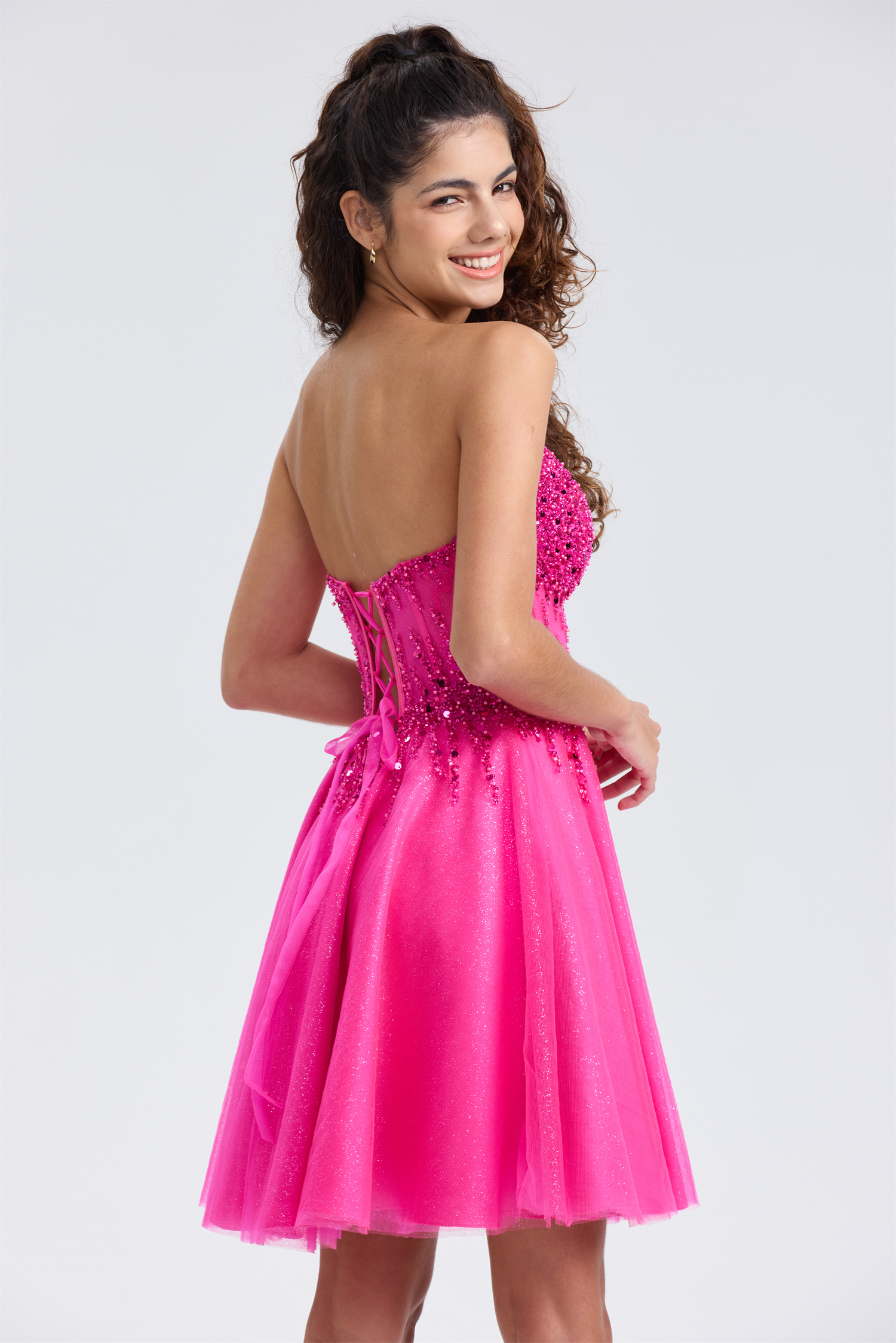Sparkly A-line V-Neck Tulle Strapless Beaded Homecoming Dress #HC2402127