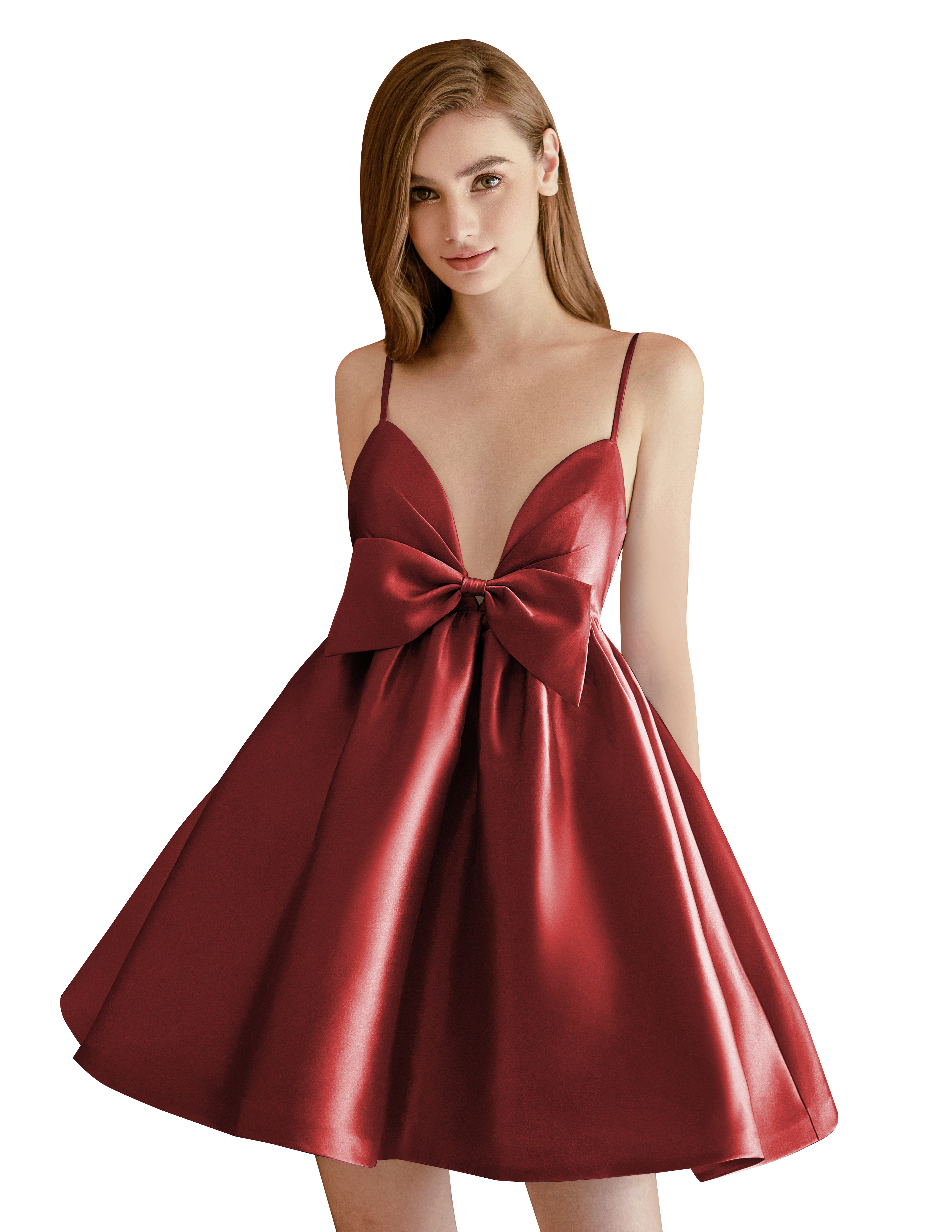 A-line V-neck Spaghetti Strap Satin Cocktail Party Homecoming Dress with Bows #HC2604024