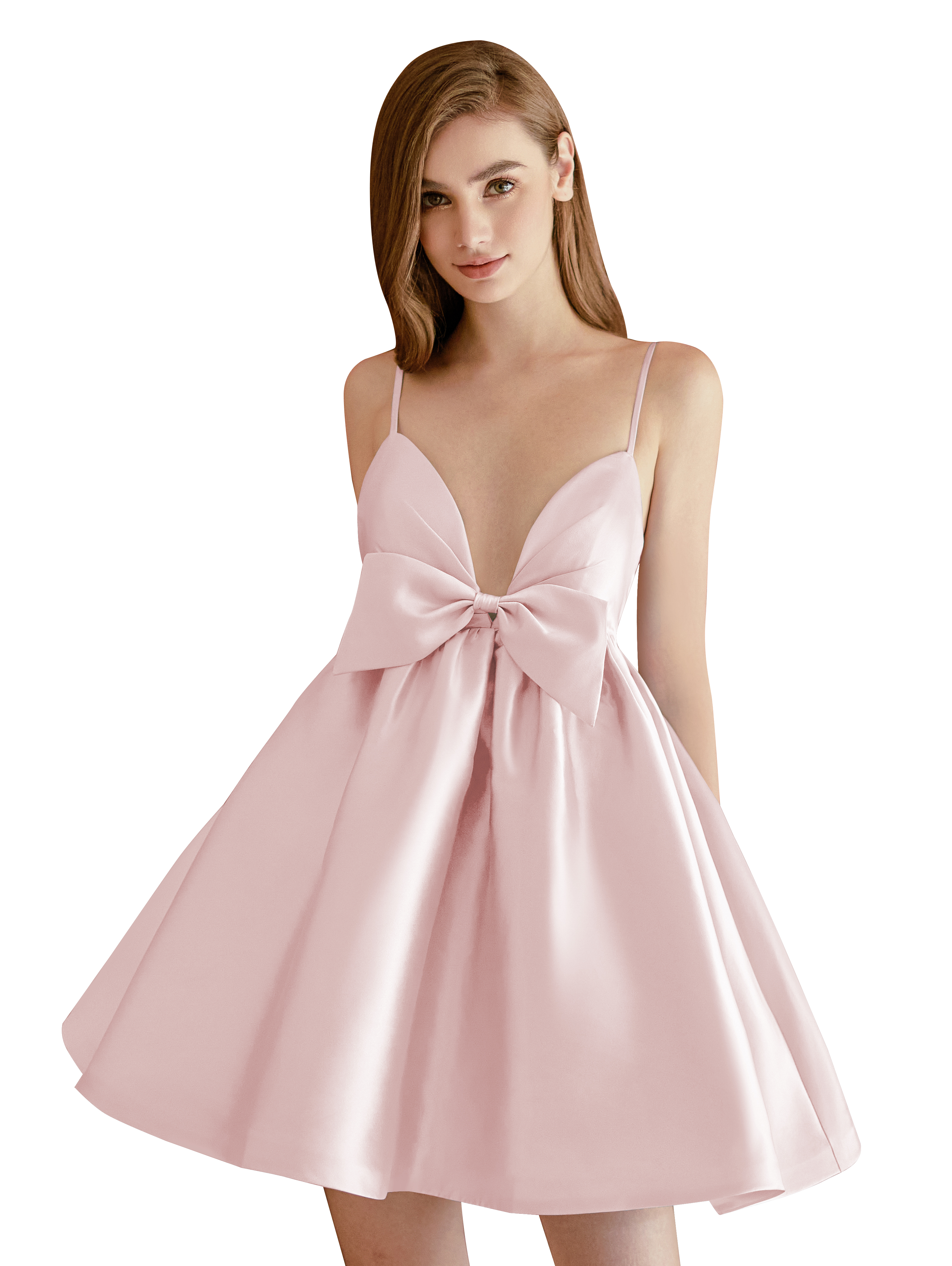 A-line V-neck Spaghetti Strap Satin Cocktail Party Homecoming Dress with Bows #HC2604024