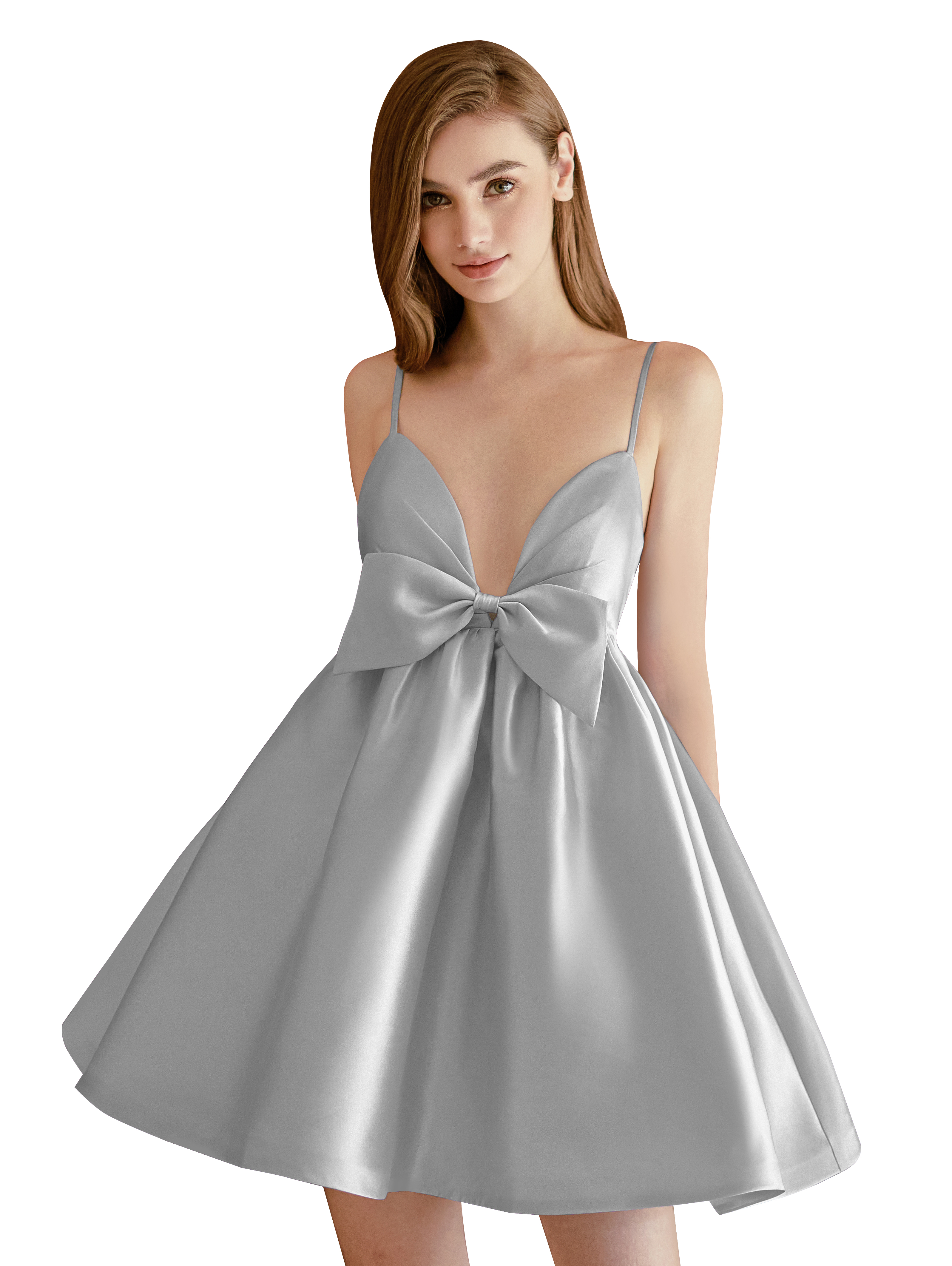 A-line V-neck Spaghetti Strap Satin Cocktail Party Homecoming Dress with Bows #HC2604024