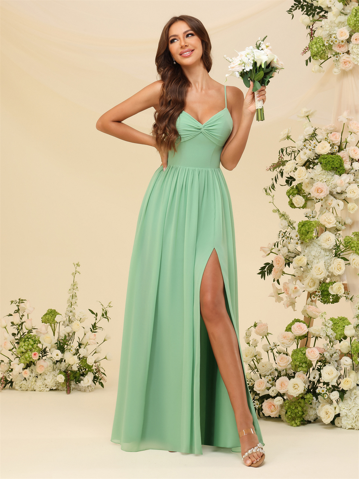 A-line Sweetheart Spaghetti Straps Chiffon Slit Bridesmaid Dress #BM2504082