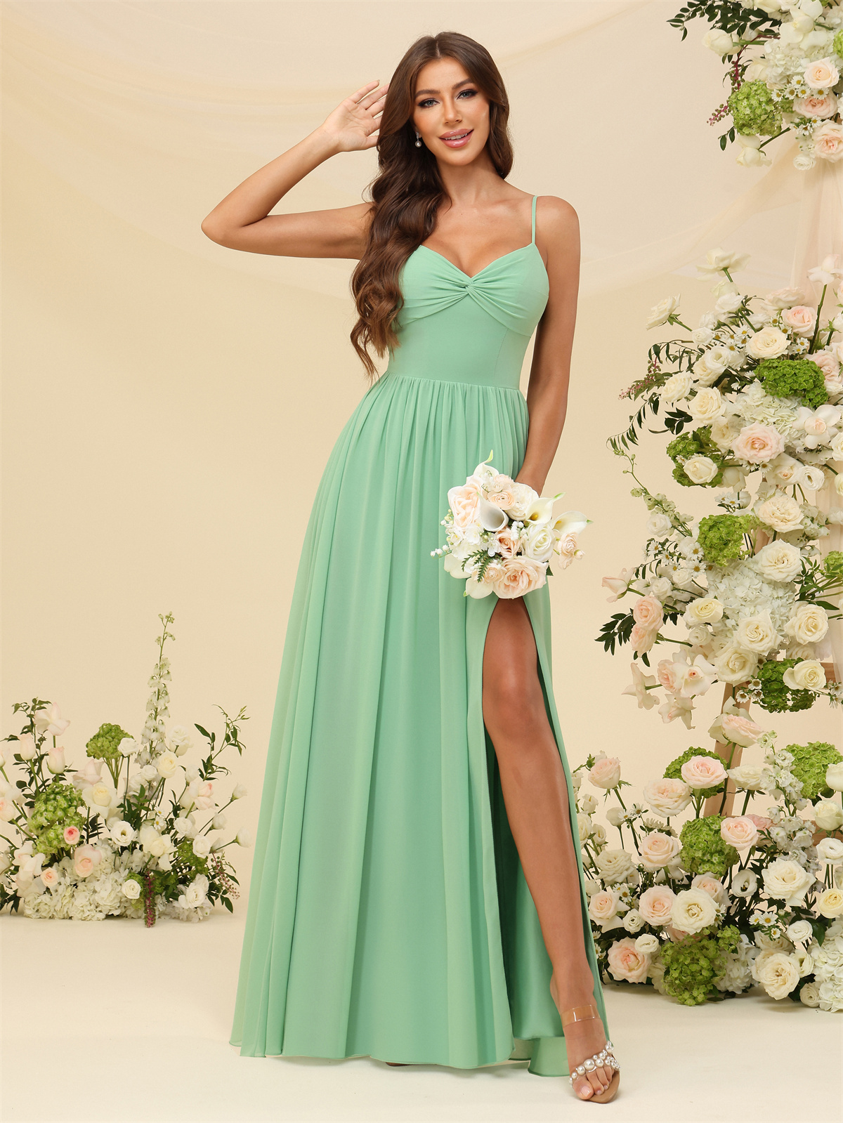A-line Sweetheart Spaghetti Straps Chiffon Slit Bridesmaid Dress #BM2504082