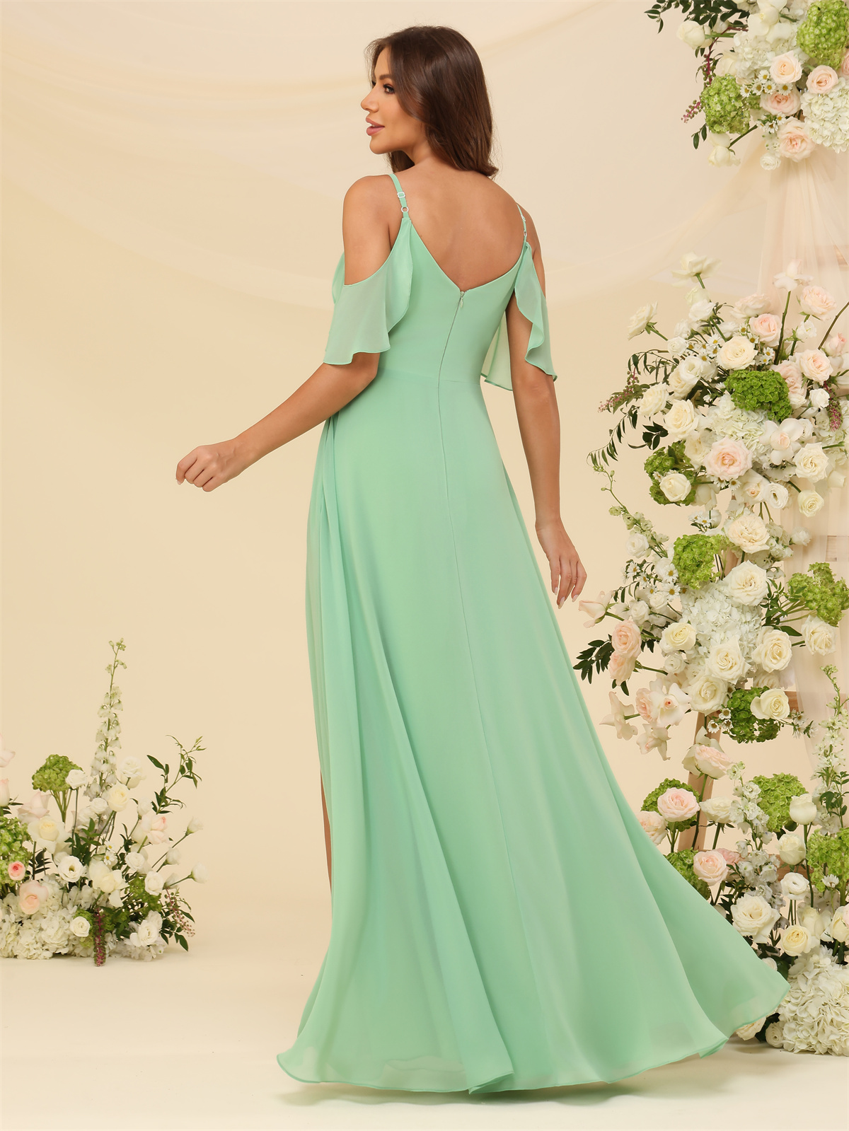 A-line Deep V-neck Spaghetti Straps Chiffon Silt Bridesmaid Dress #BM2507134