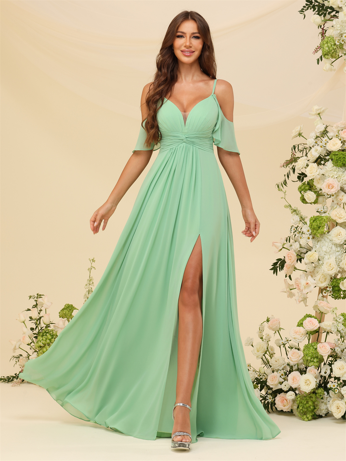 A-line Deep V-neck Spaghetti Straps Chiffon Silt Bridesmaid Dress #BM2507134