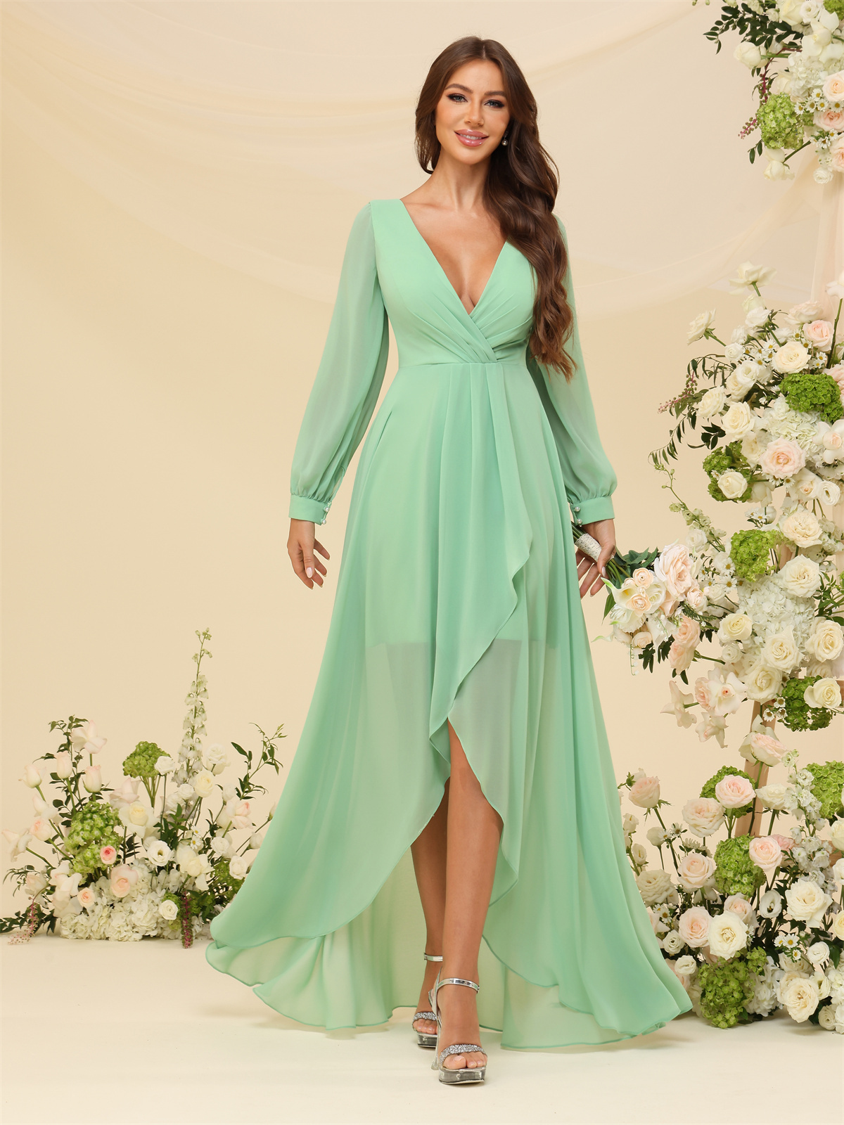 A-line Deep V-neck Chiffon Long Sleeves Bridesmaid Dress #BM2507136