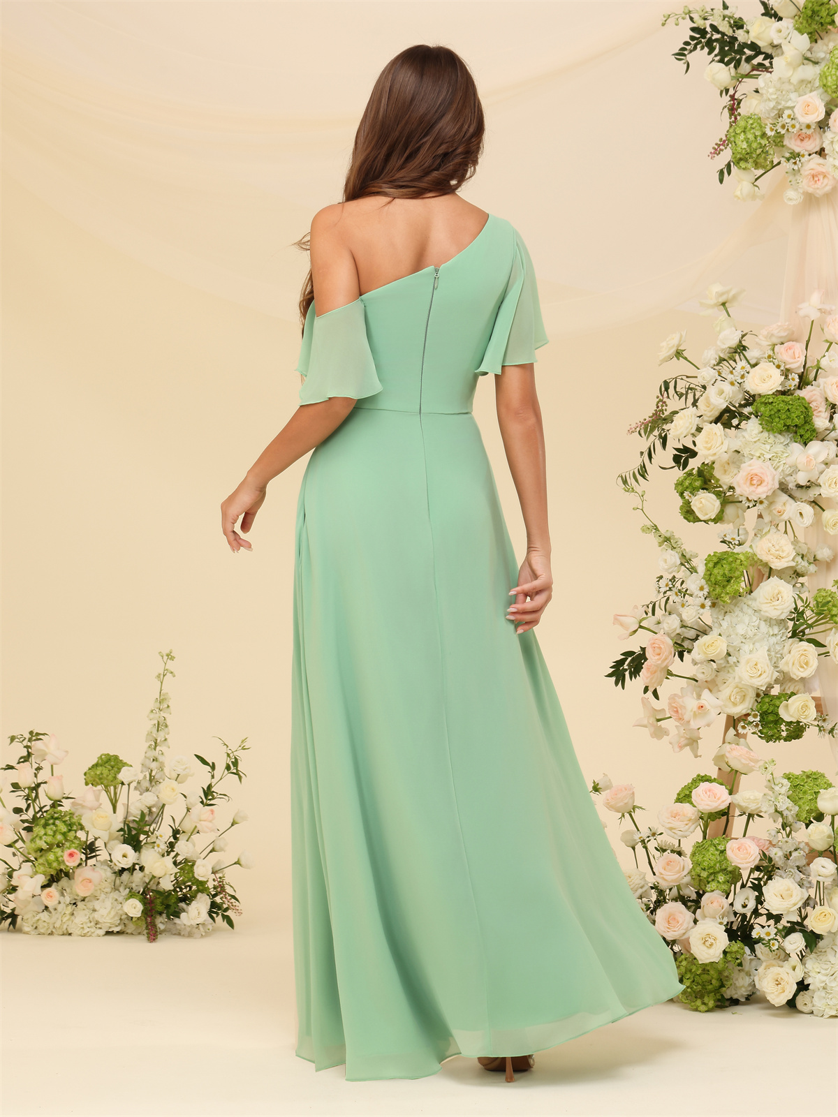 A-line One Shoulder Chiffon Ruffles Short Sleeves Bridesmaid Dress #PR2403073