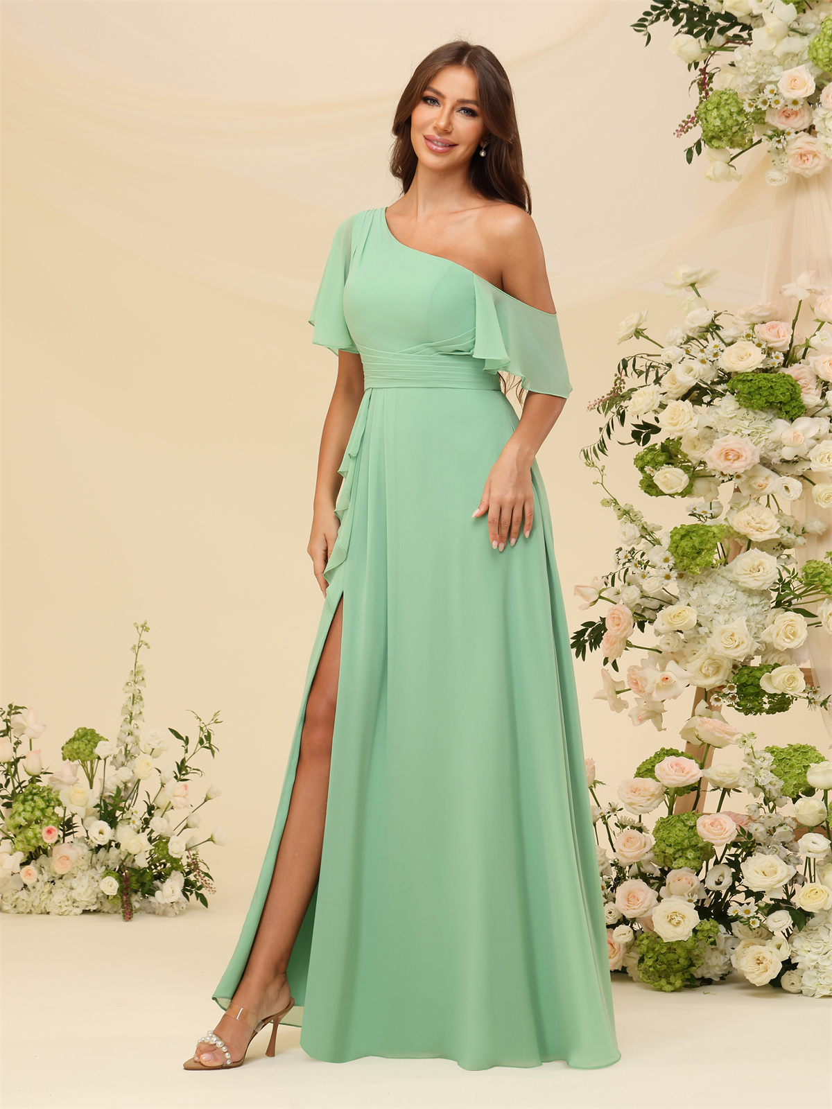 A-line One Shoulder Chiffon Ruffles Short Sleeves Bridesmaid Dress #PR2403073