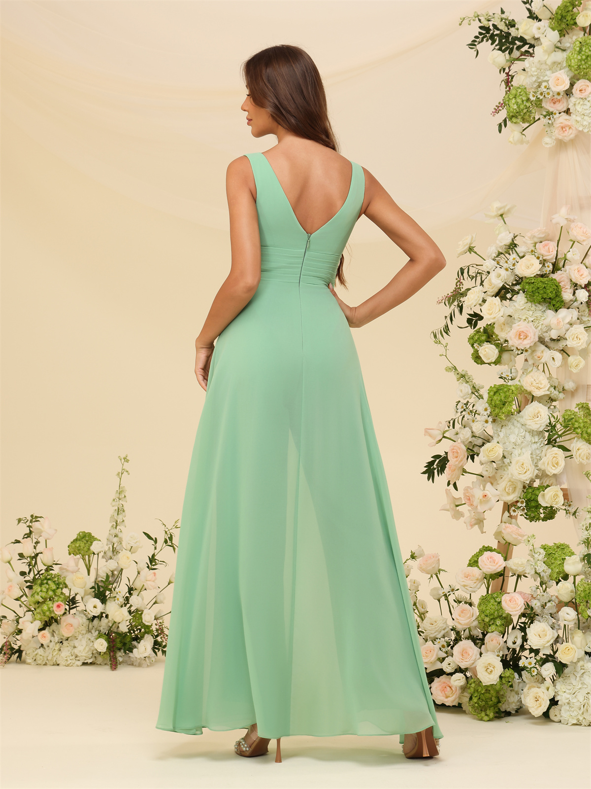 A-line V-neck Chiffon Straps V-back Bridesmaid Dress #PR2507216