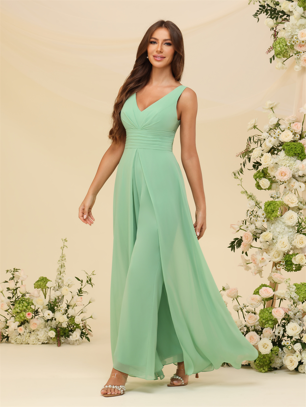 A-line V-neck Chiffon Straps V-back Bridesmaid Dress #PR2507216