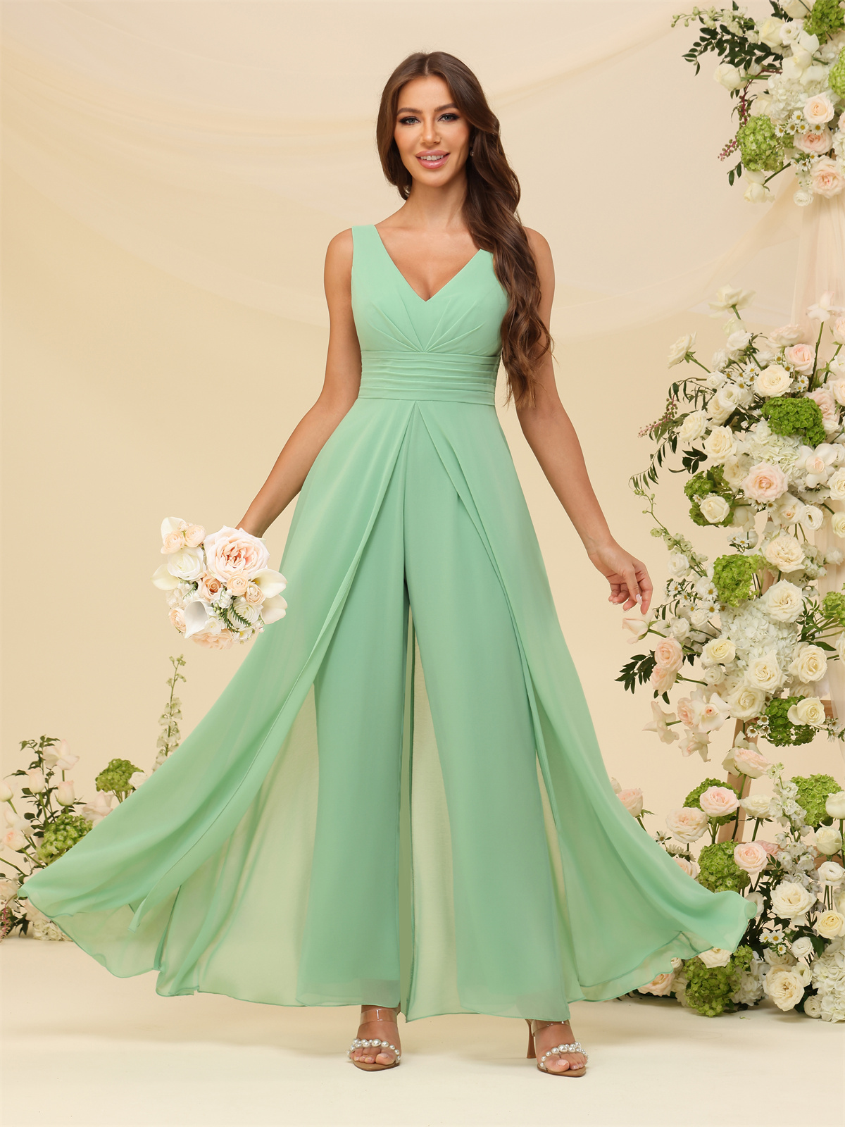 A-line V-neck Chiffon Straps V-back Bridesmaid Dress #PR2507216