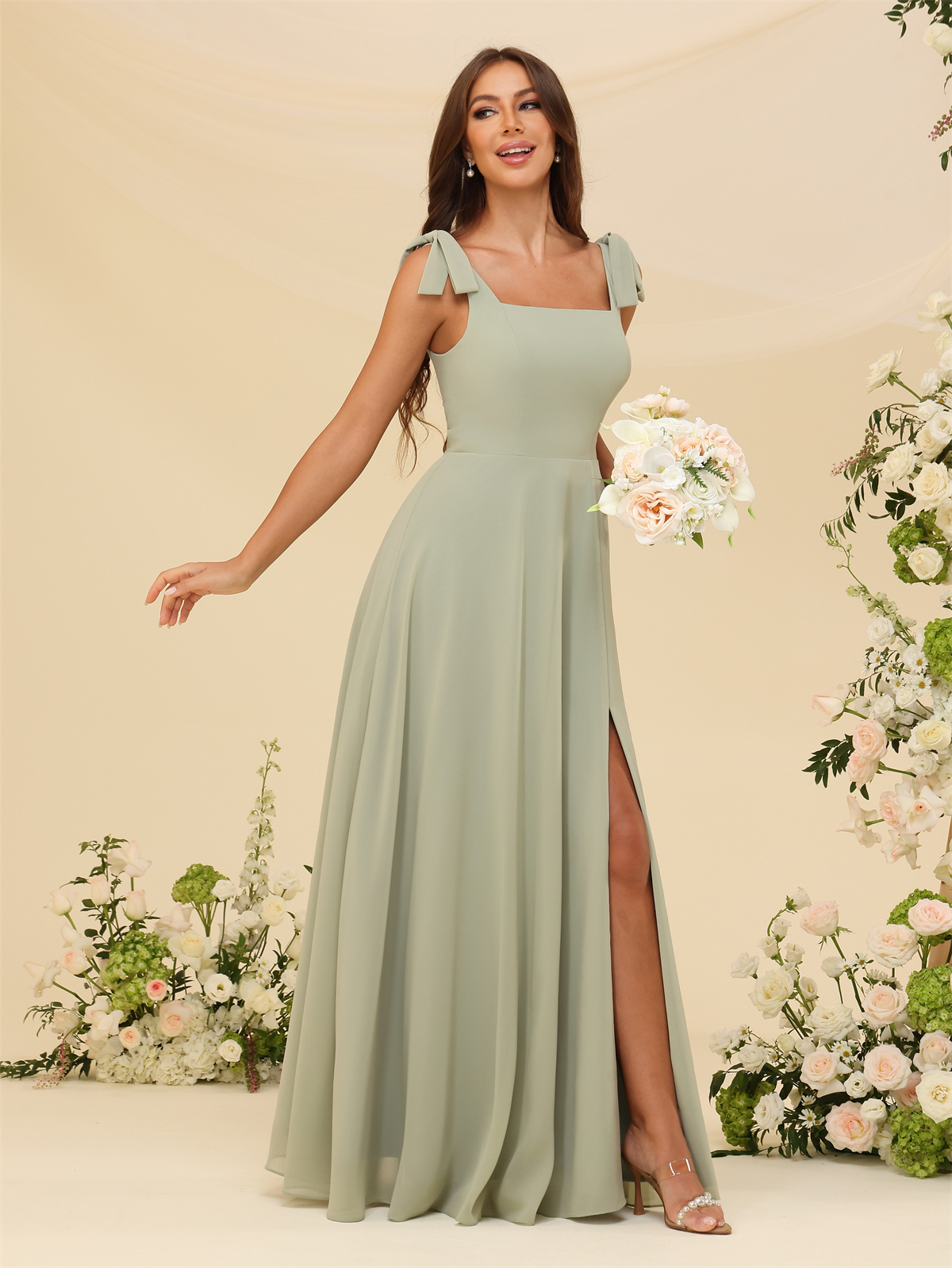 A-line Square Straps Chiffon Silt Bridesmaid Dress #BM2507222