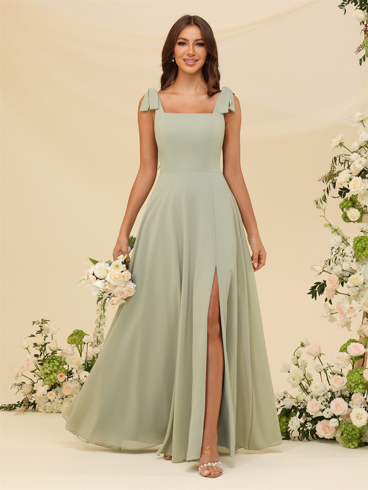 A-line Square Straps Chiffon Silt Bridesmaid Dress #BM2507222