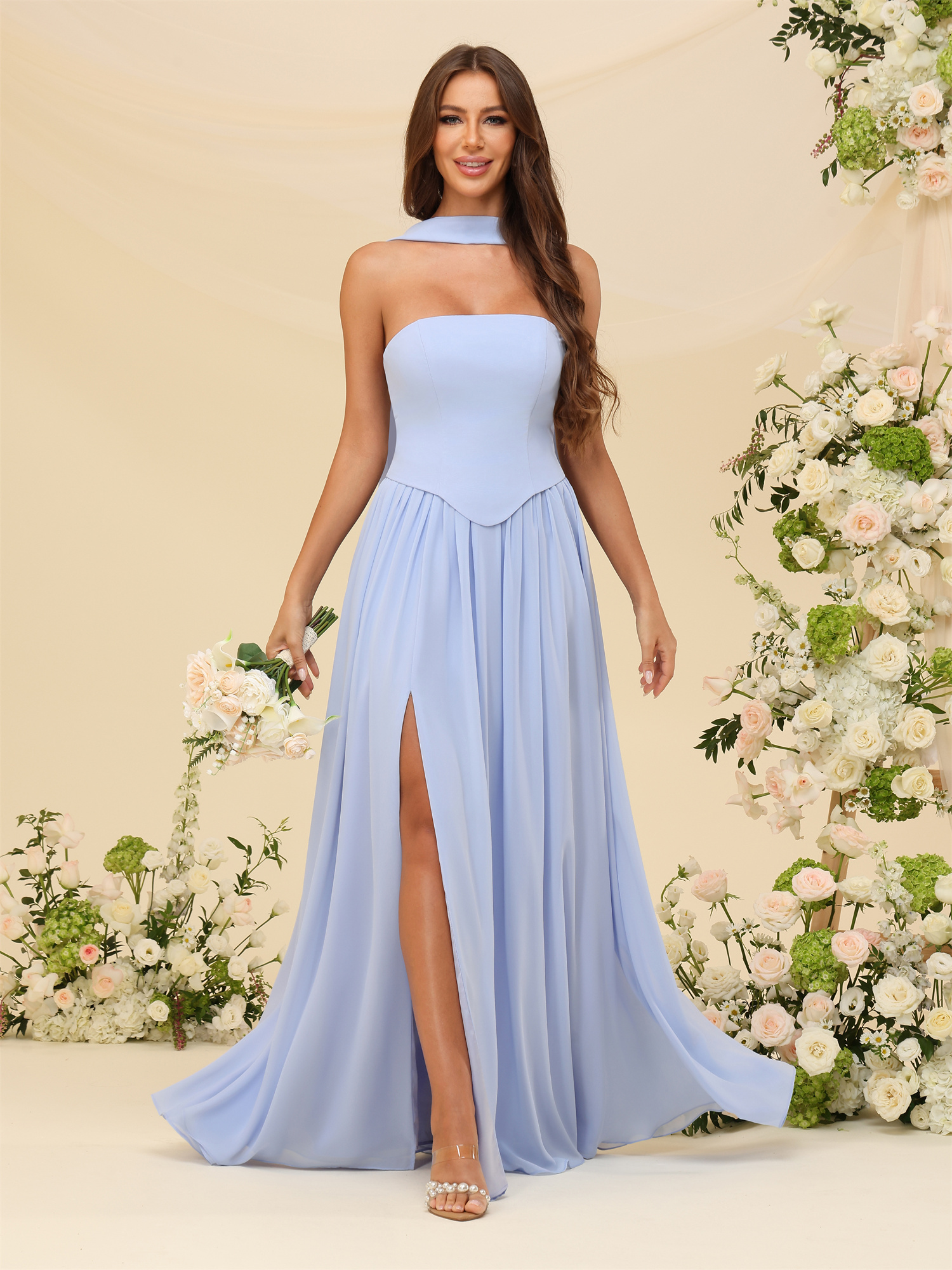 A-line Strapless Chiffon Silt Bridesmaid Dress #BM2507038