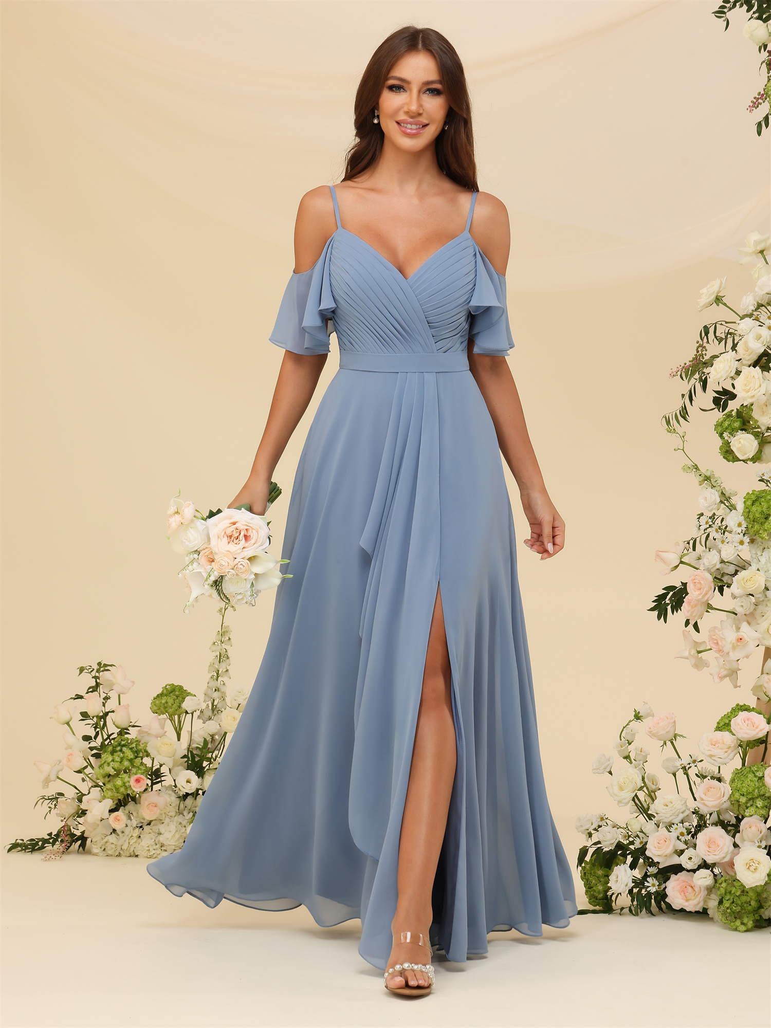 A-line V-neck Spaghetti Straps Chiffon Silt Bridesmaid Dress #BM2507214