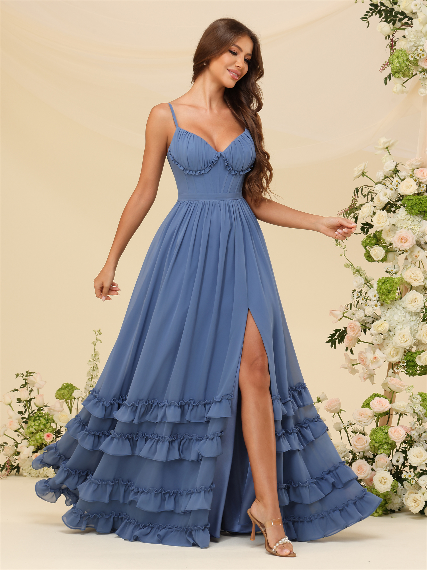 A-line Sweetheart Spaghetti Straps Chiffon Silt Ruffles Bridesmaid Dress #BM2507033
