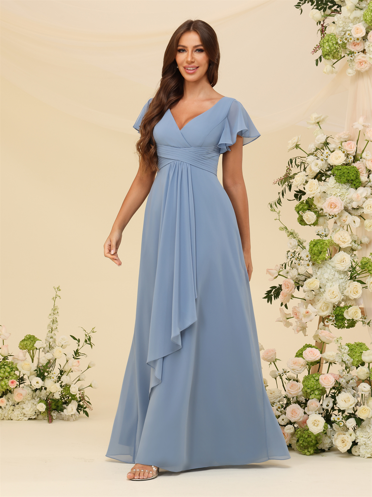 A-line V-neck Chiffon Silt Bridesmaid Dress #BM2507217