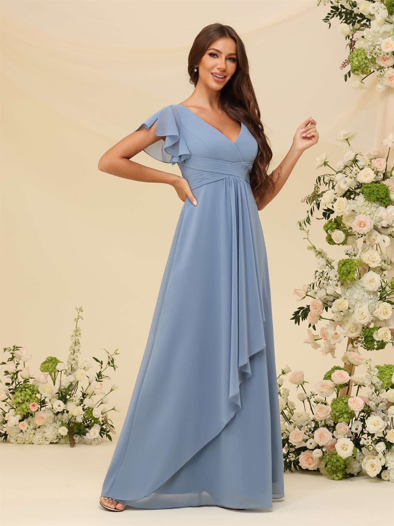 A-line V-neck Chiffon Silt Bridesmaid Dress #BM2507217