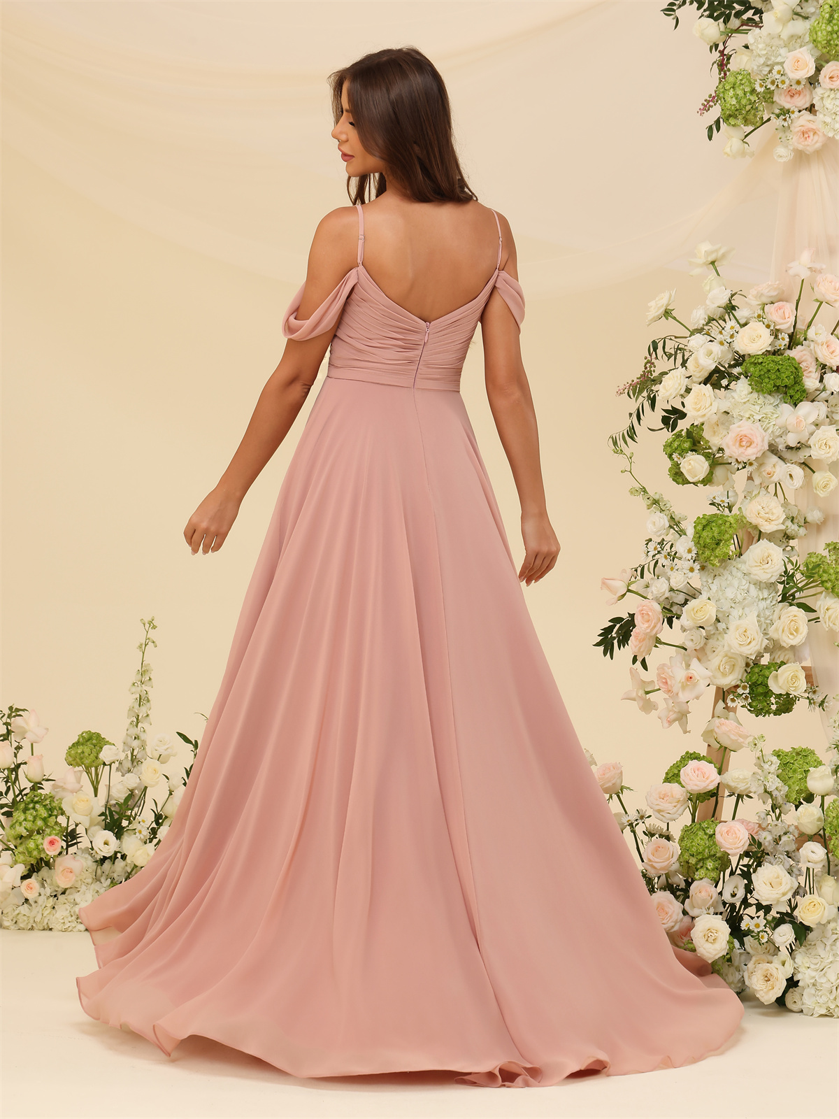 A-line V-neck Off-The-Shoulder Spaghetti Straps Chiffon Bridesmaid Dress #BM2507215