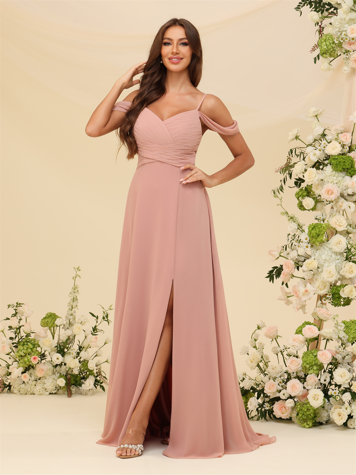 A-line V-neck Off-The-Shoulder Spaghetti Straps Chiffon Bridesmaid Dress #BM2507215