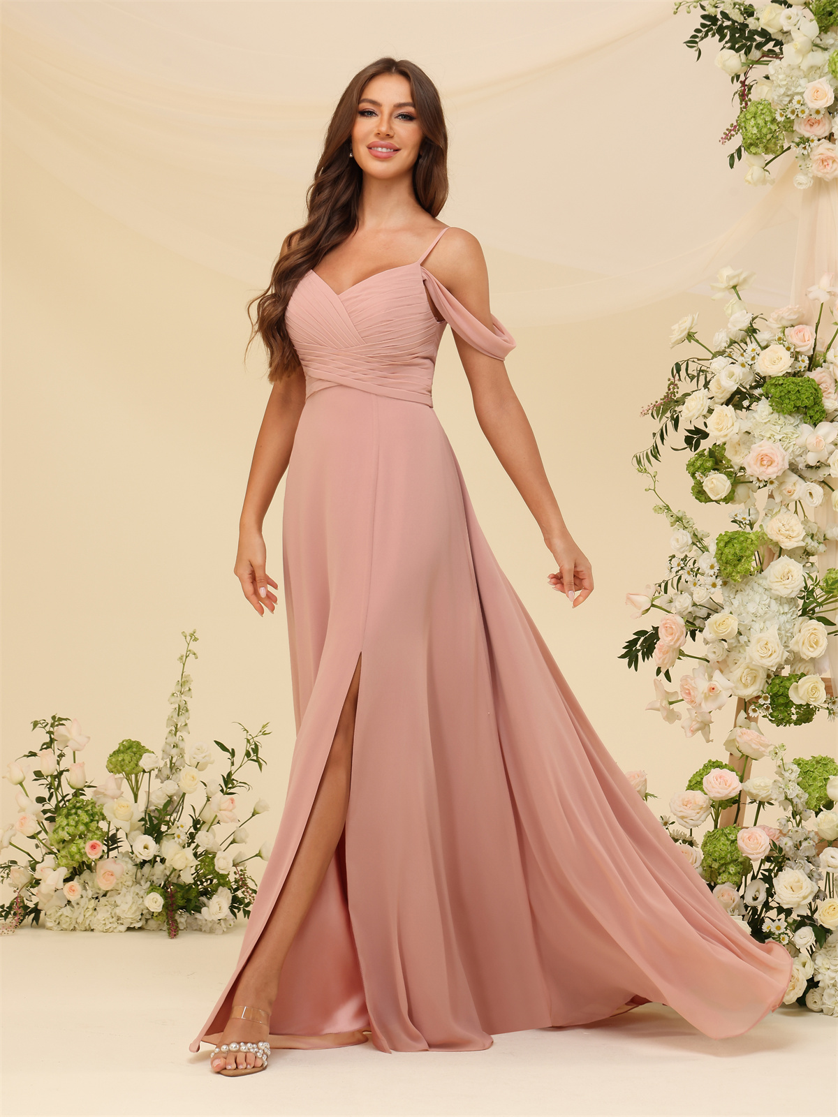 A-line V-neck Off-The-Shoulder Spaghetti Straps Chiffon Bridesmaid Dress #BM2507215