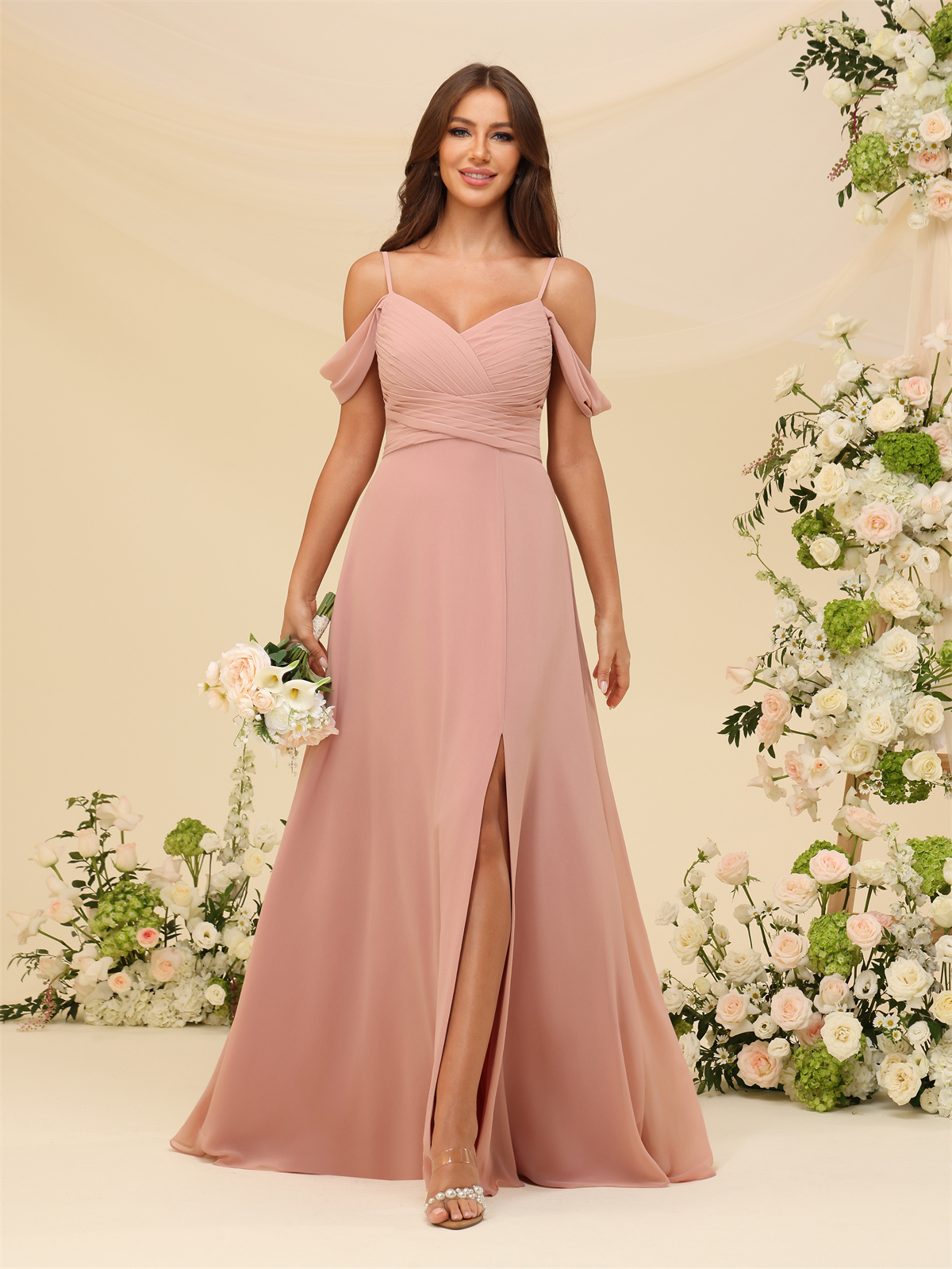 A-line V-neck Off-The-Shoulder Spaghetti Straps Chiffon Bridesmaid Dress #BM2507215