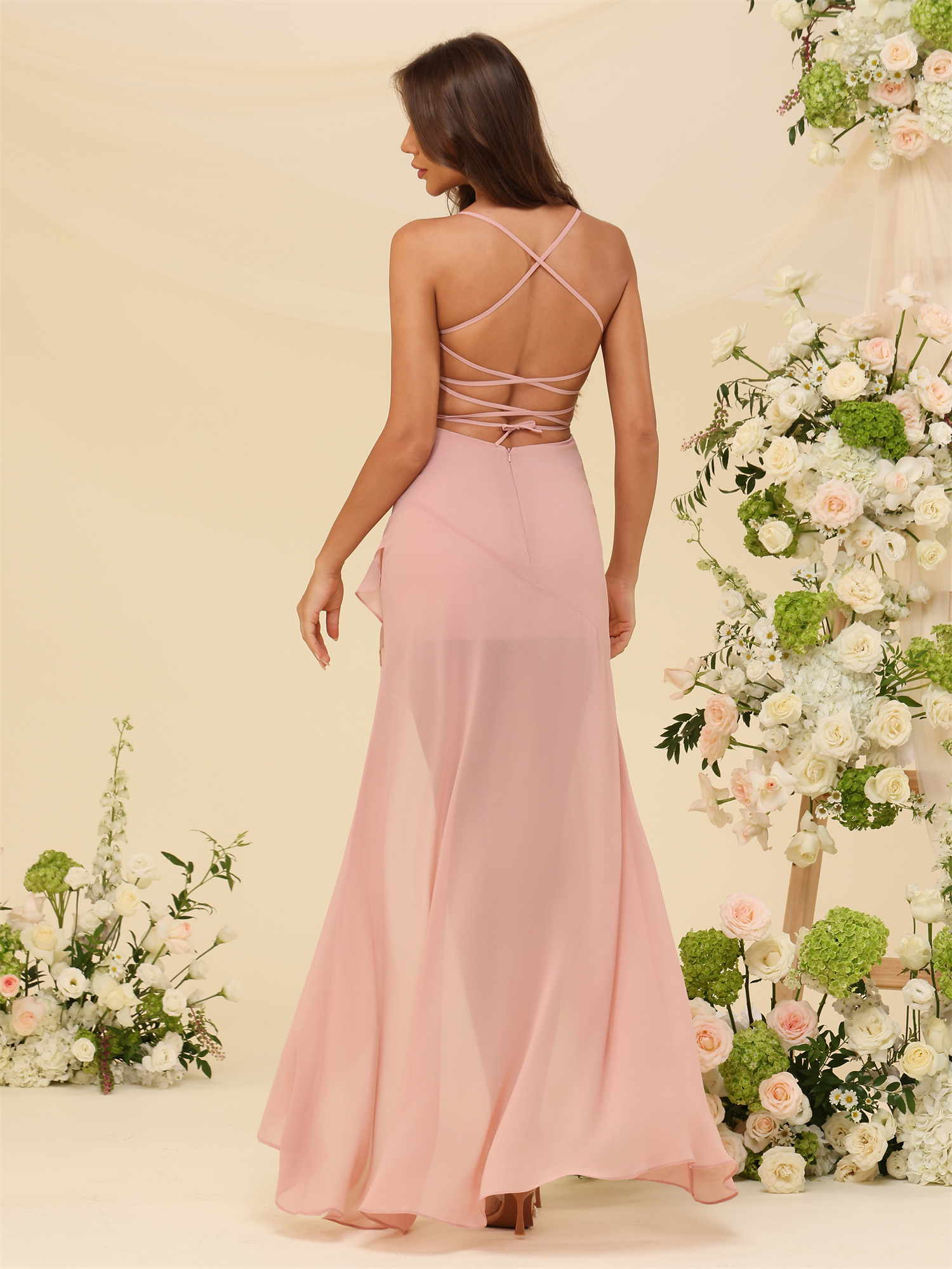 A-line Strapless Chiffon High Low Ruffles Bridesmaid Dress #BM2507148