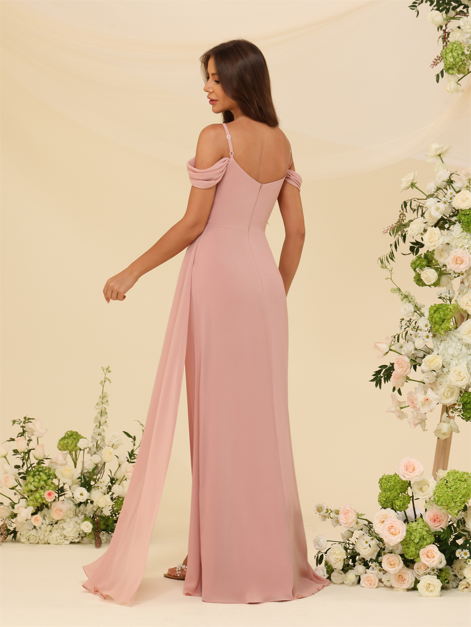 A-line V-neck Chiffon Spaghetti Straps Bridesmaid Dress #BM2507138