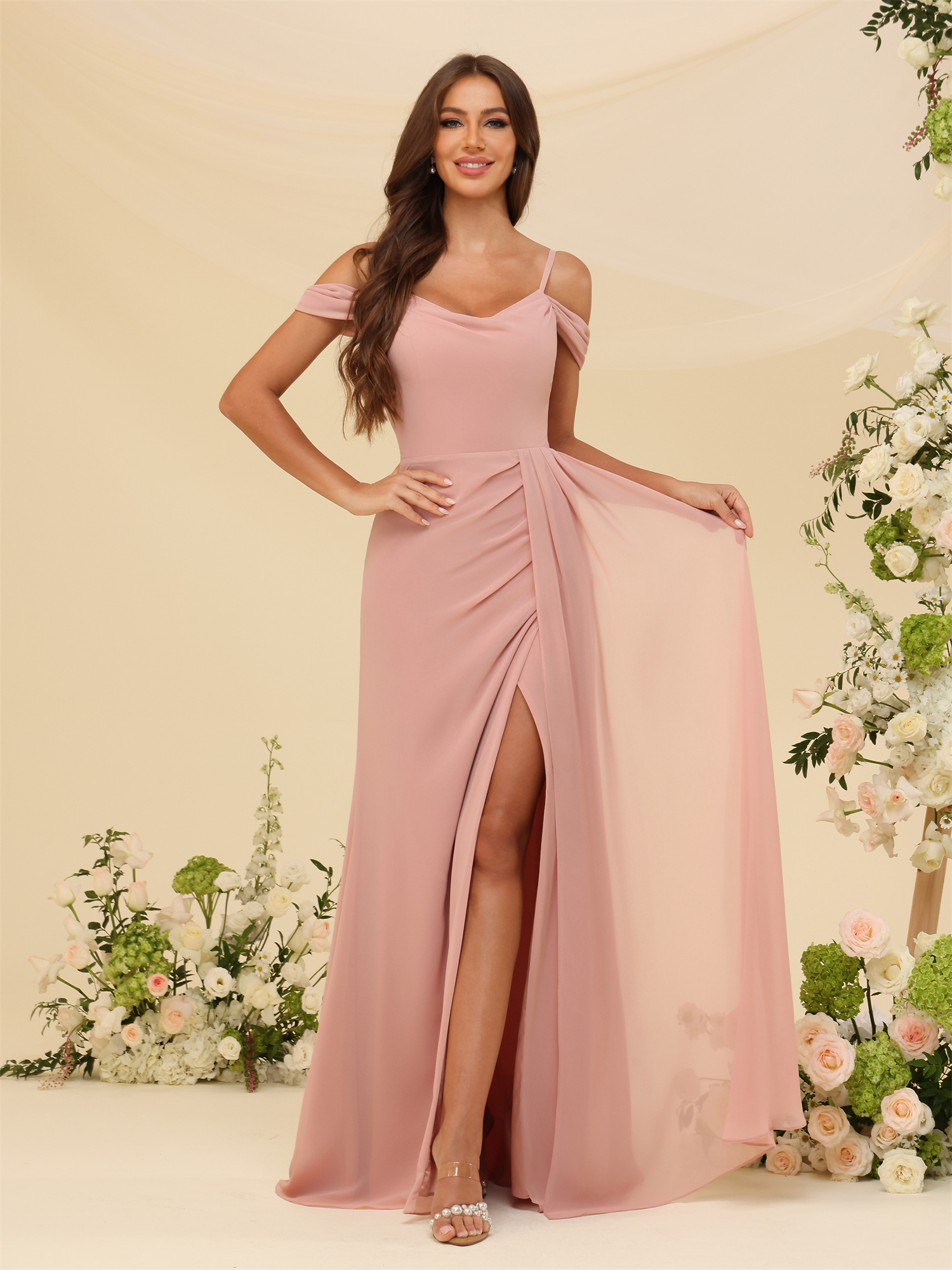 A-line V-neck Chiffon Spaghetti Straps Bridesmaid Dress #BM2507138