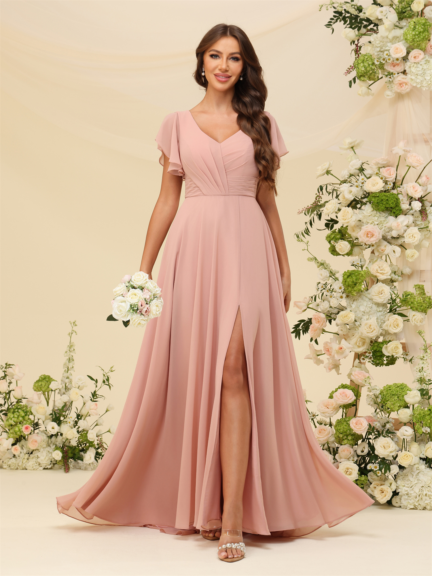 A-line V-neck Chiffon Lace Up Short Sleeves Bridesmaid Dress #BM2507219