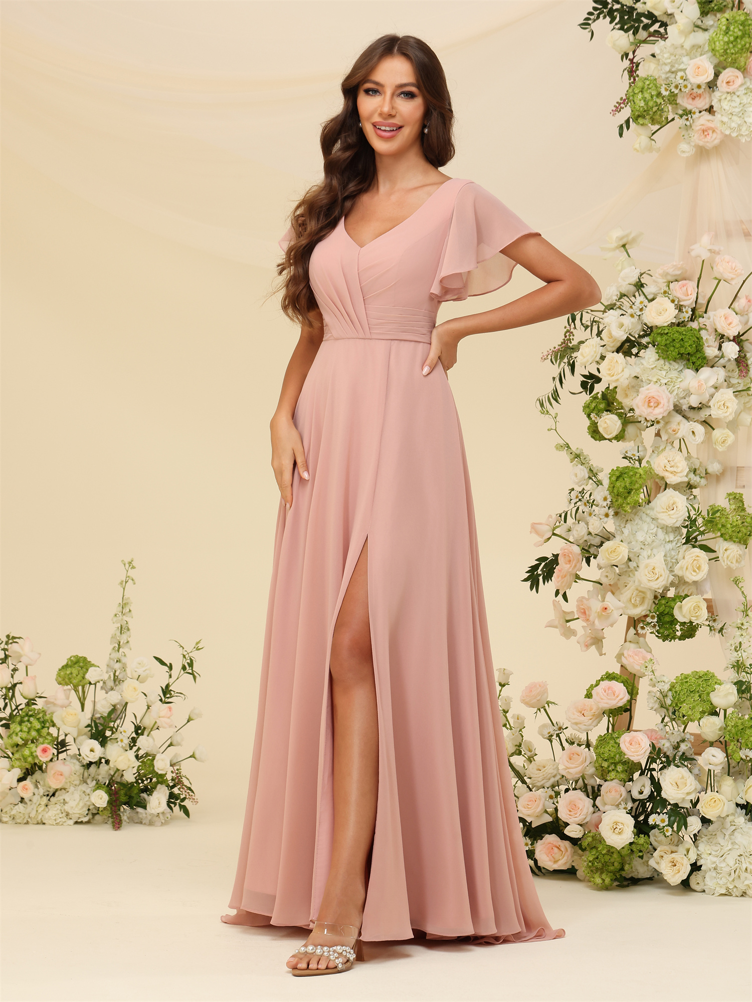 A-line V-neck Chiffon Lace Up Short Sleeves Bridesmaid Dress #BM2507219