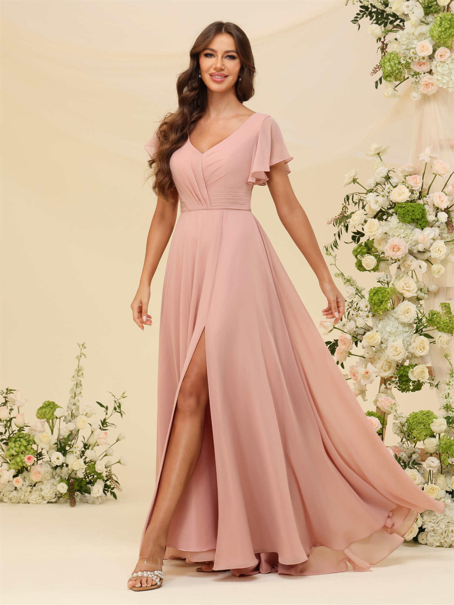A-line V-neck Chiffon Lace Up Short Sleeves Bridesmaid Dress #BM2507219