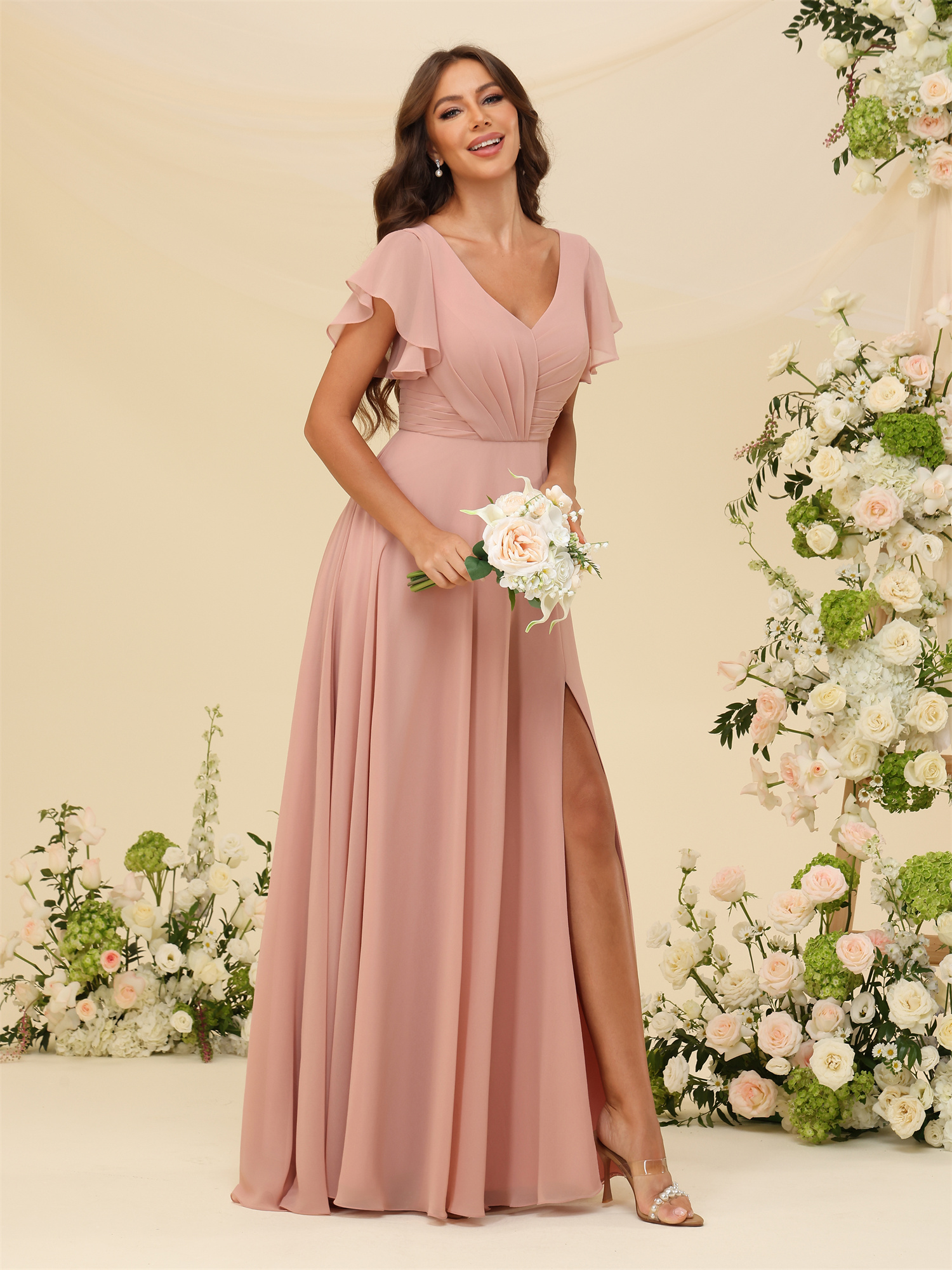 A-line V-neck Chiffon Lace Up Short Sleeves Bridesmaid Dress #BM2507219