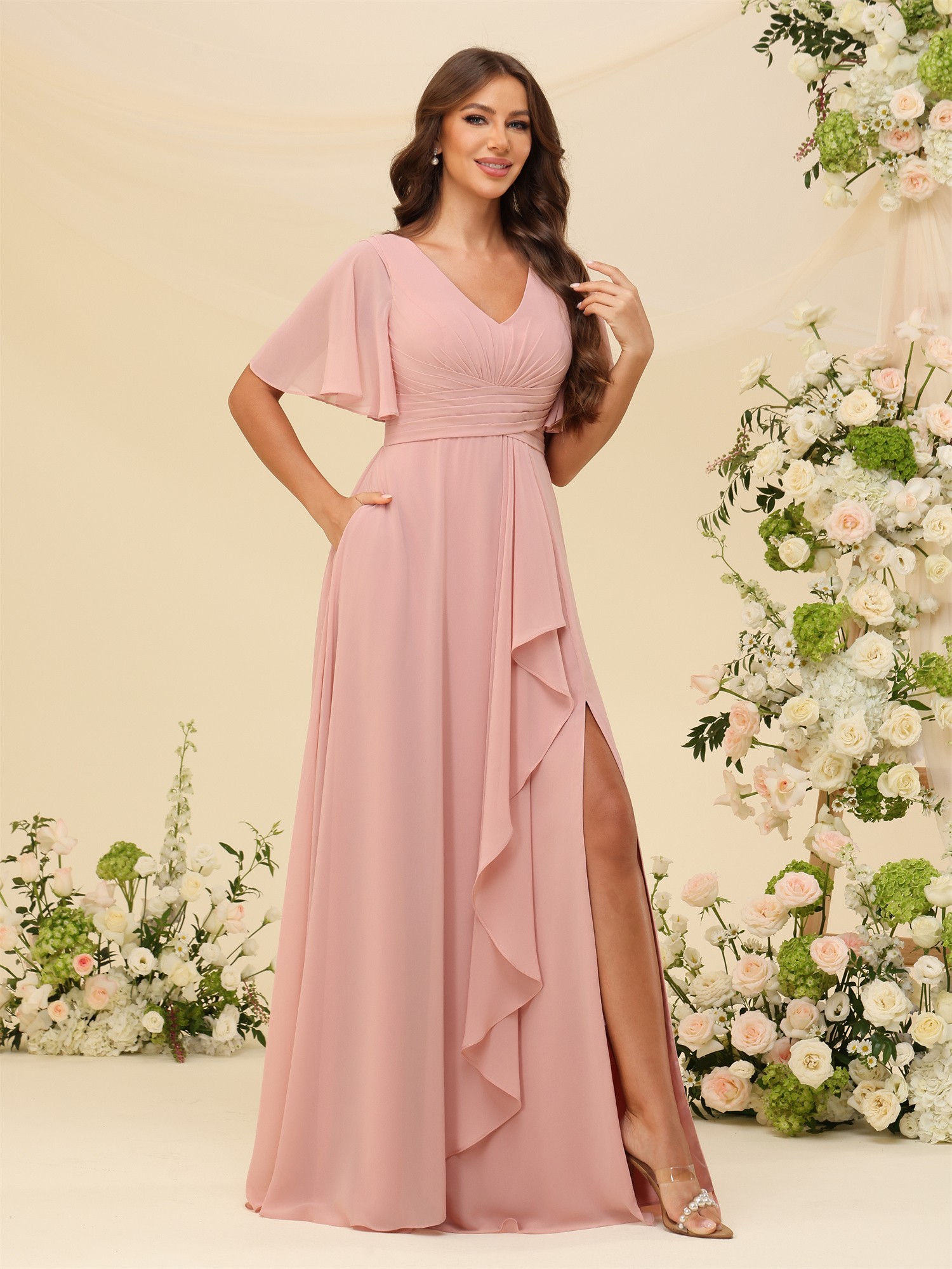 A-line V-neck Short Sleeves Chiffon Silt Bridesmaid Dress #BM2507137