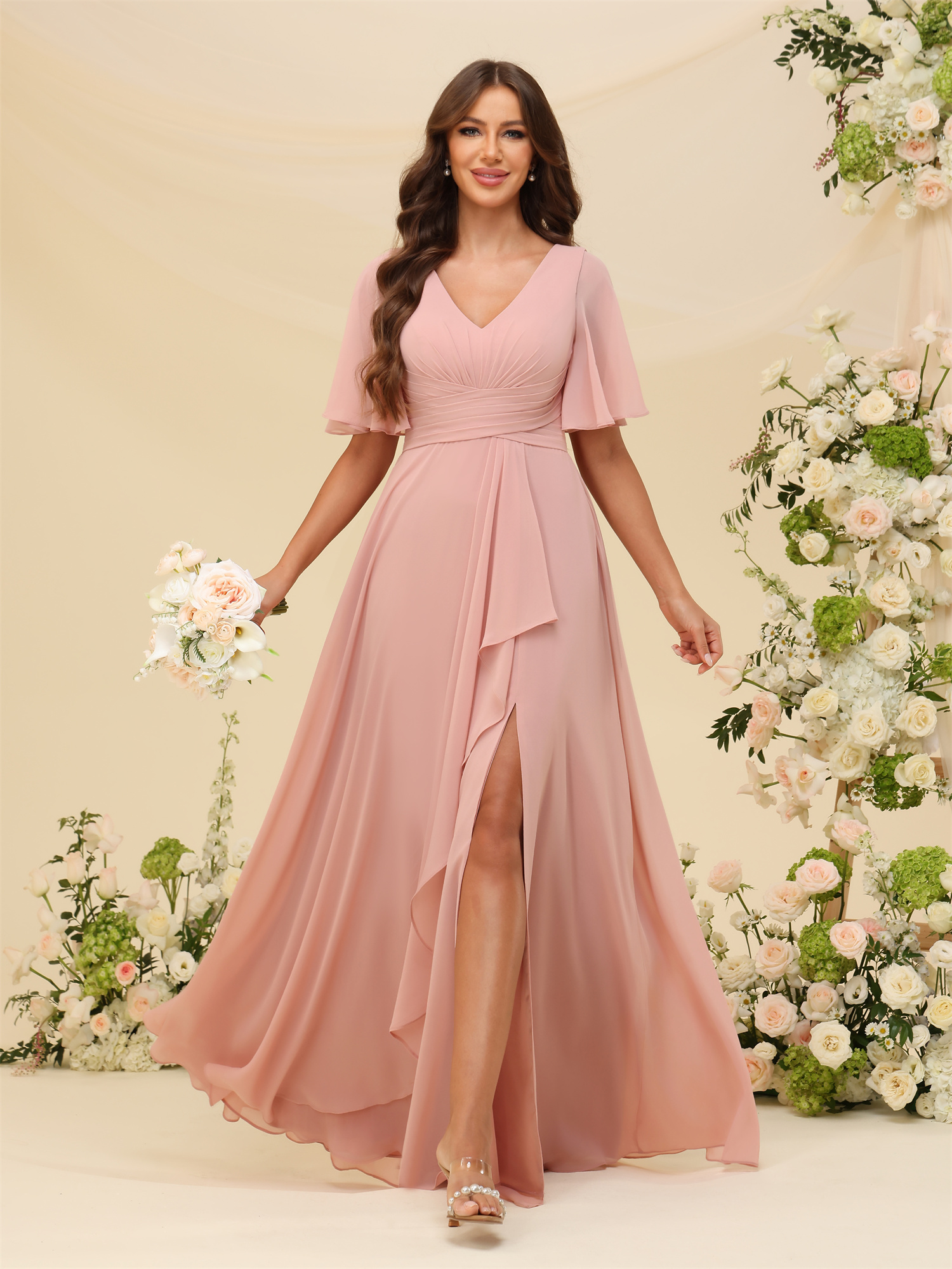 A-line V-neck Short Sleeves Chiffon Silt Bridesmaid Dress #BM2507137