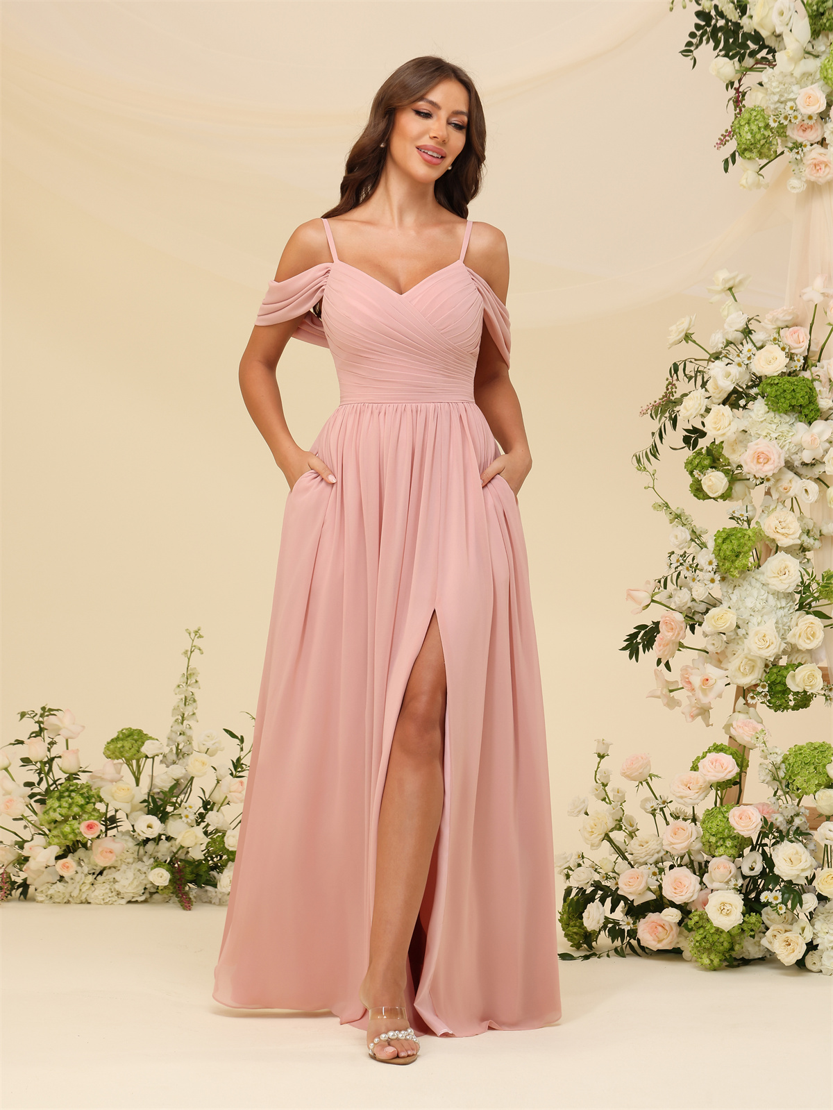 A-line V-neck Spaghetti Straps Chiffon Bridesmaid Dress #BM2507135