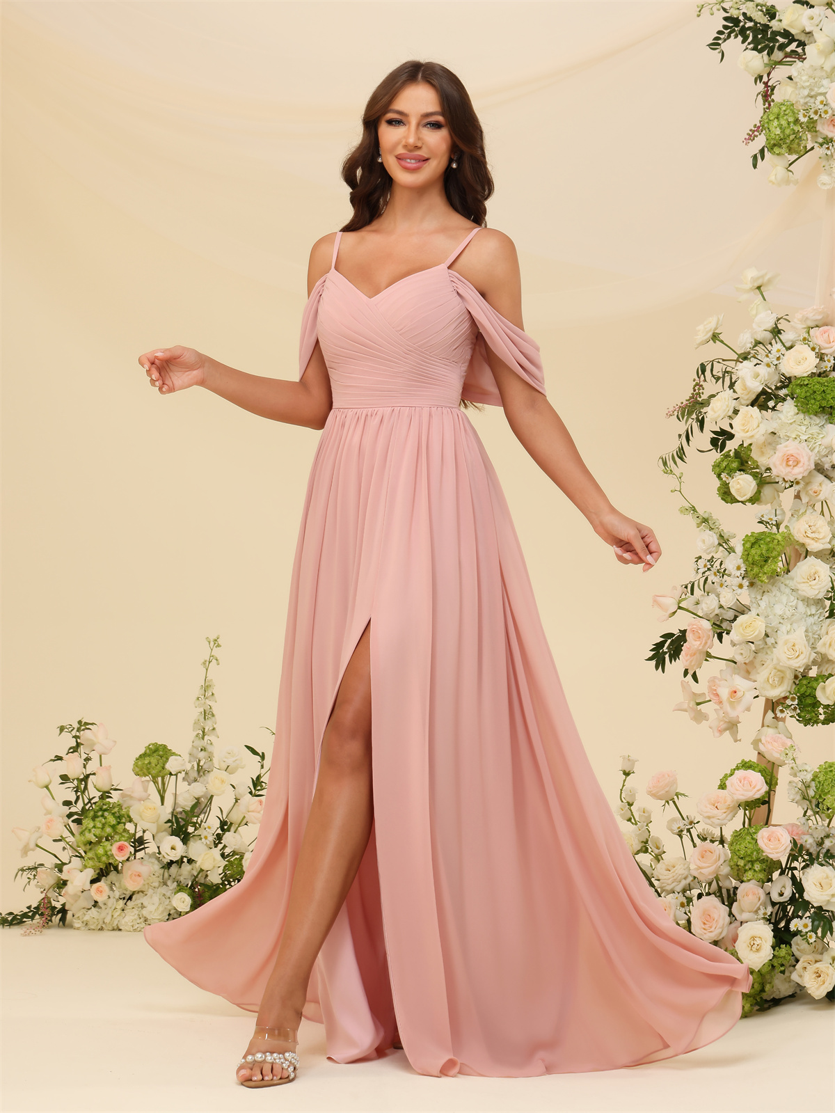 A-line V-neck Spaghetti Straps Chiffon Bridesmaid Dress #BM2507135
