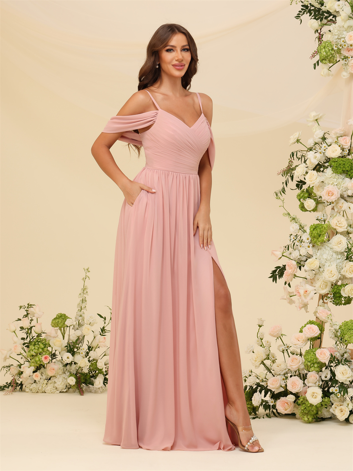 A-line V-neck Spaghetti Straps Chiffon Bridesmaid Dress #BM2507135