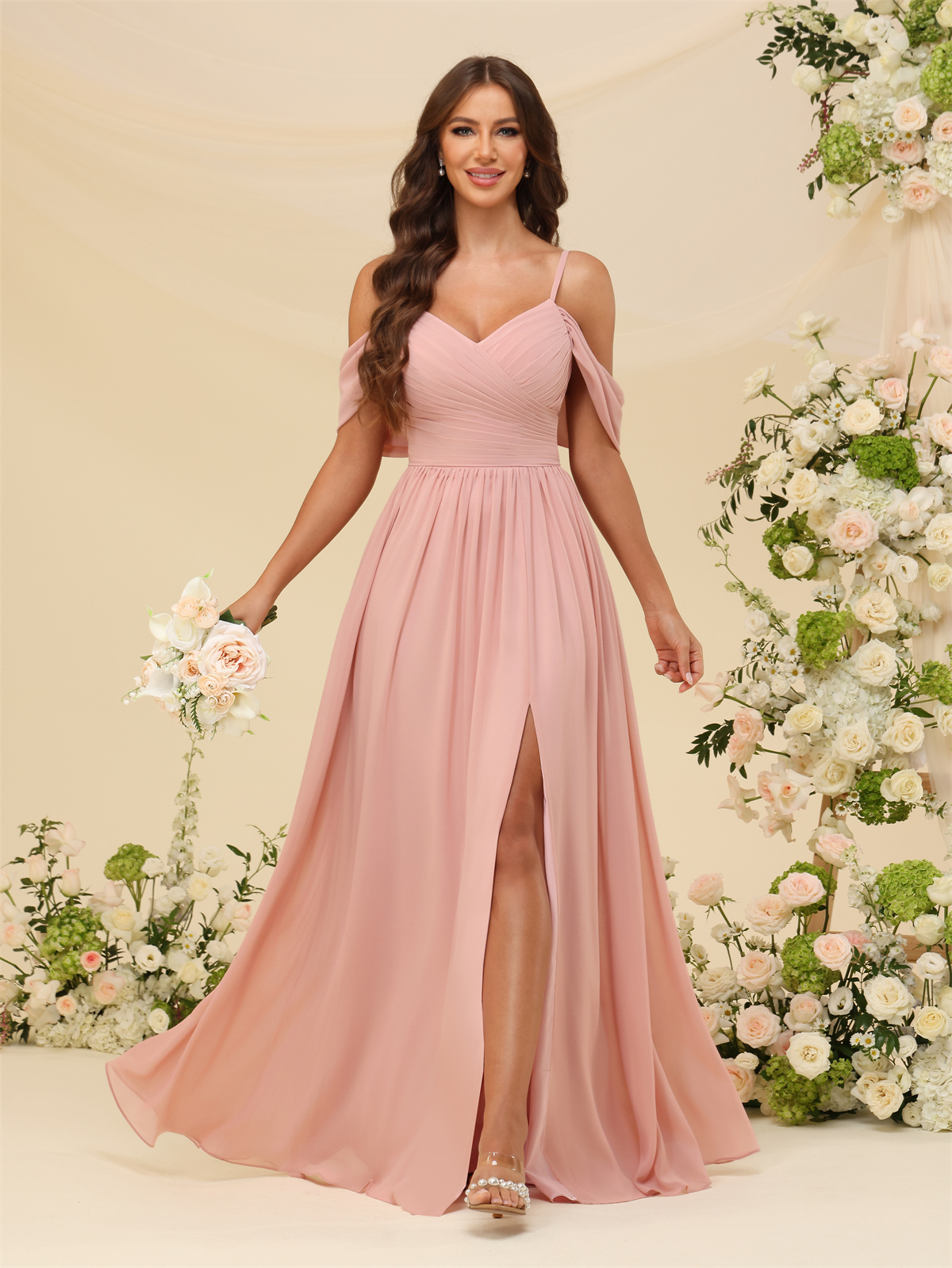 A-line V-neck Spaghetti Straps Chiffon Bridesmaid Dress #BM2507135