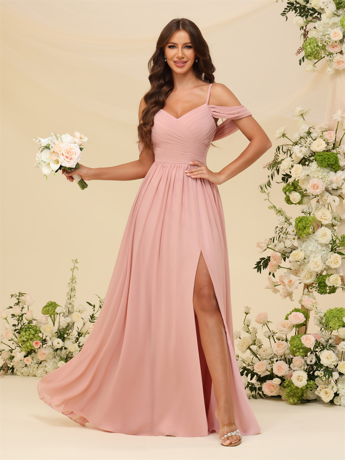 A-line V-neck Spaghetti Straps Chiffon Bridesmaid Dress #BM2507135