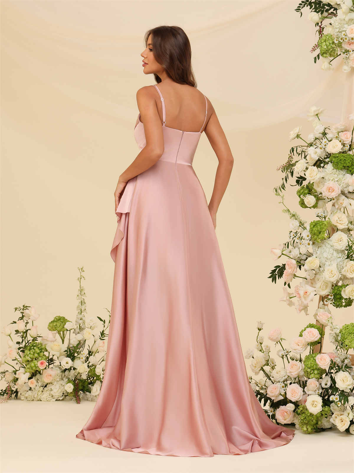 A-line U-neck Spaghetti Straps Satin Silt Bridesmaid Dress #BM2507213