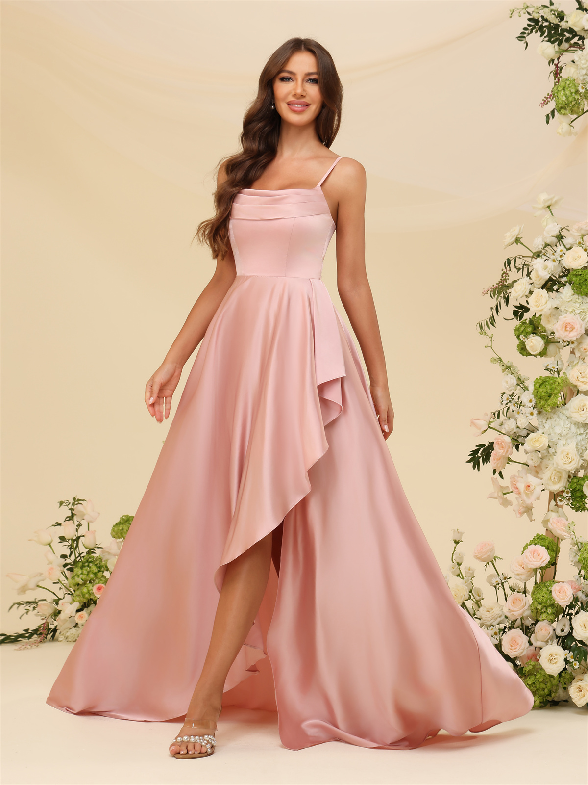 A-line U-neck Spaghetti Straps Satin Silt Bridesmaid Dress #BM2507213