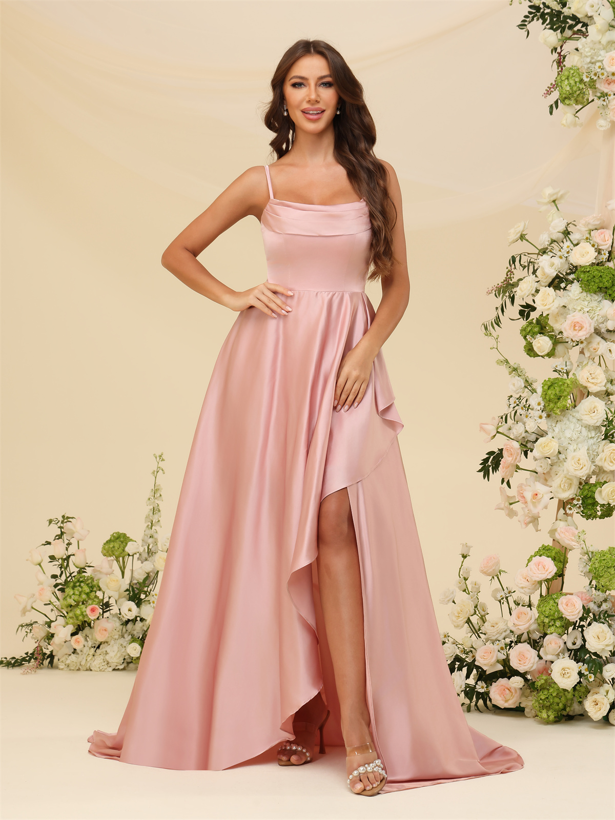 A-line U-neck Spaghetti Straps Satin Silt Bridesmaid Dress #BM2507213
