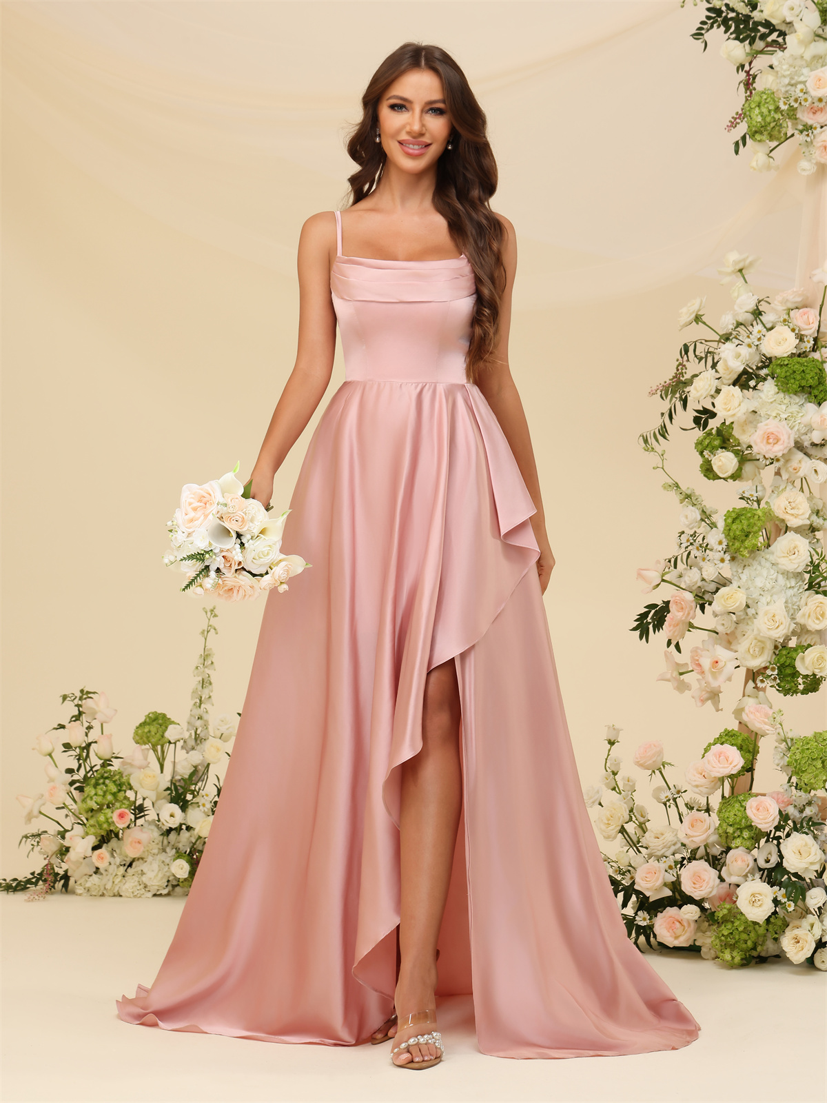 A-line U-neck Spaghetti Straps Satin Silt Bridesmaid Dress #BM2507213