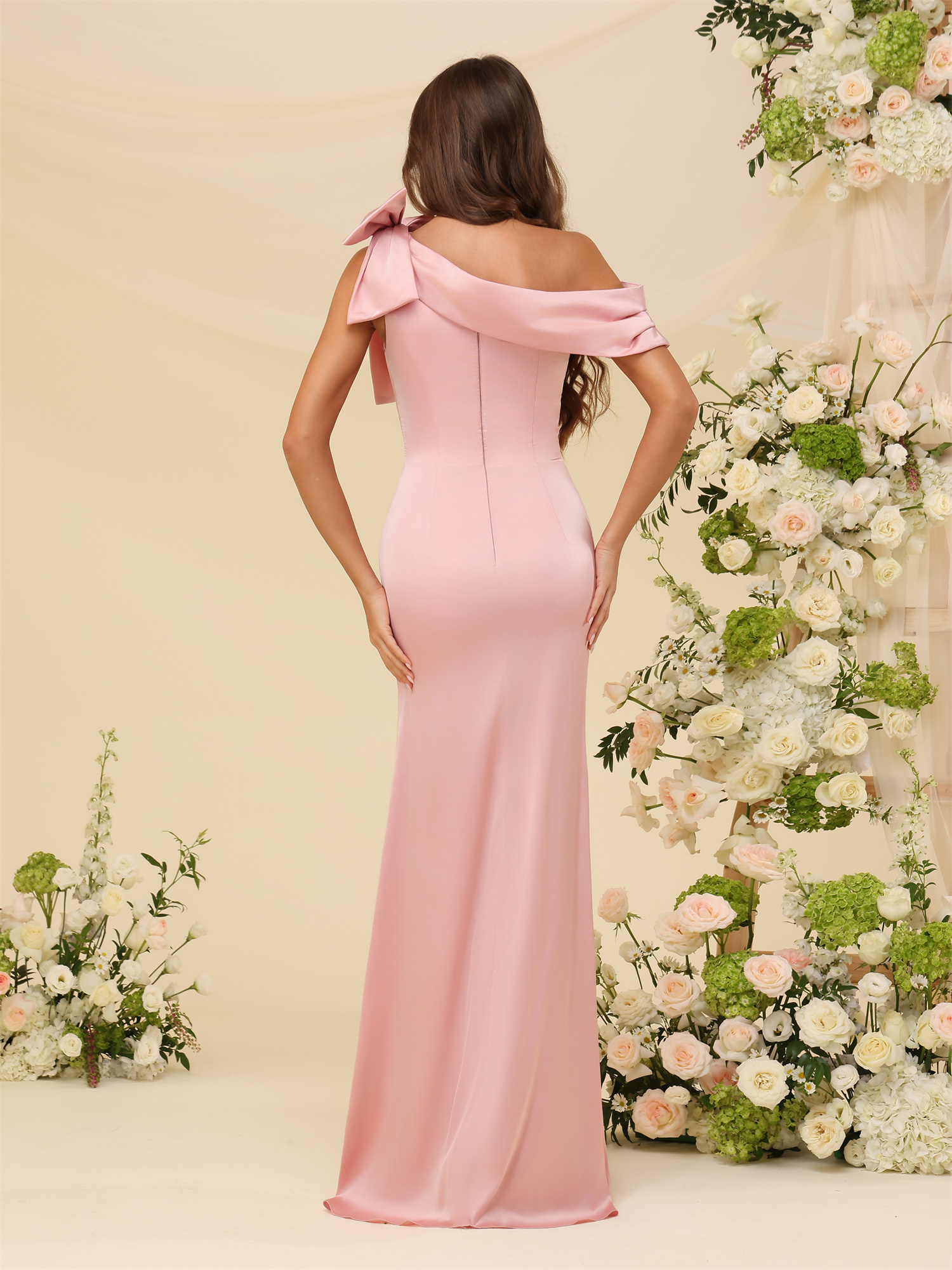 Sheath One Shoulder Satin Bow Bridesmaid Dress #BM2507141