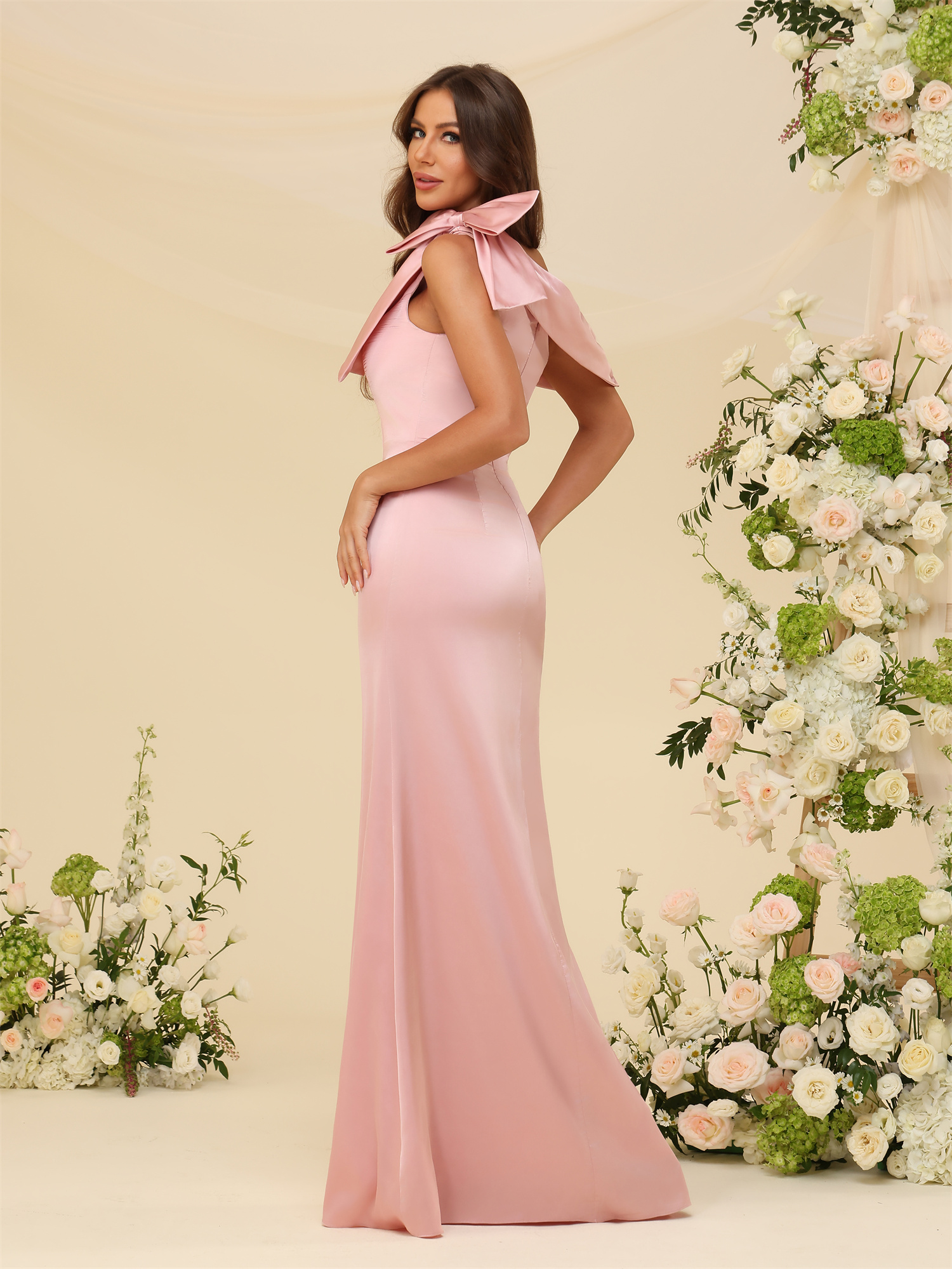 Sheath One Shoulder Satin Bow Bridesmaid Dress #BM2507141