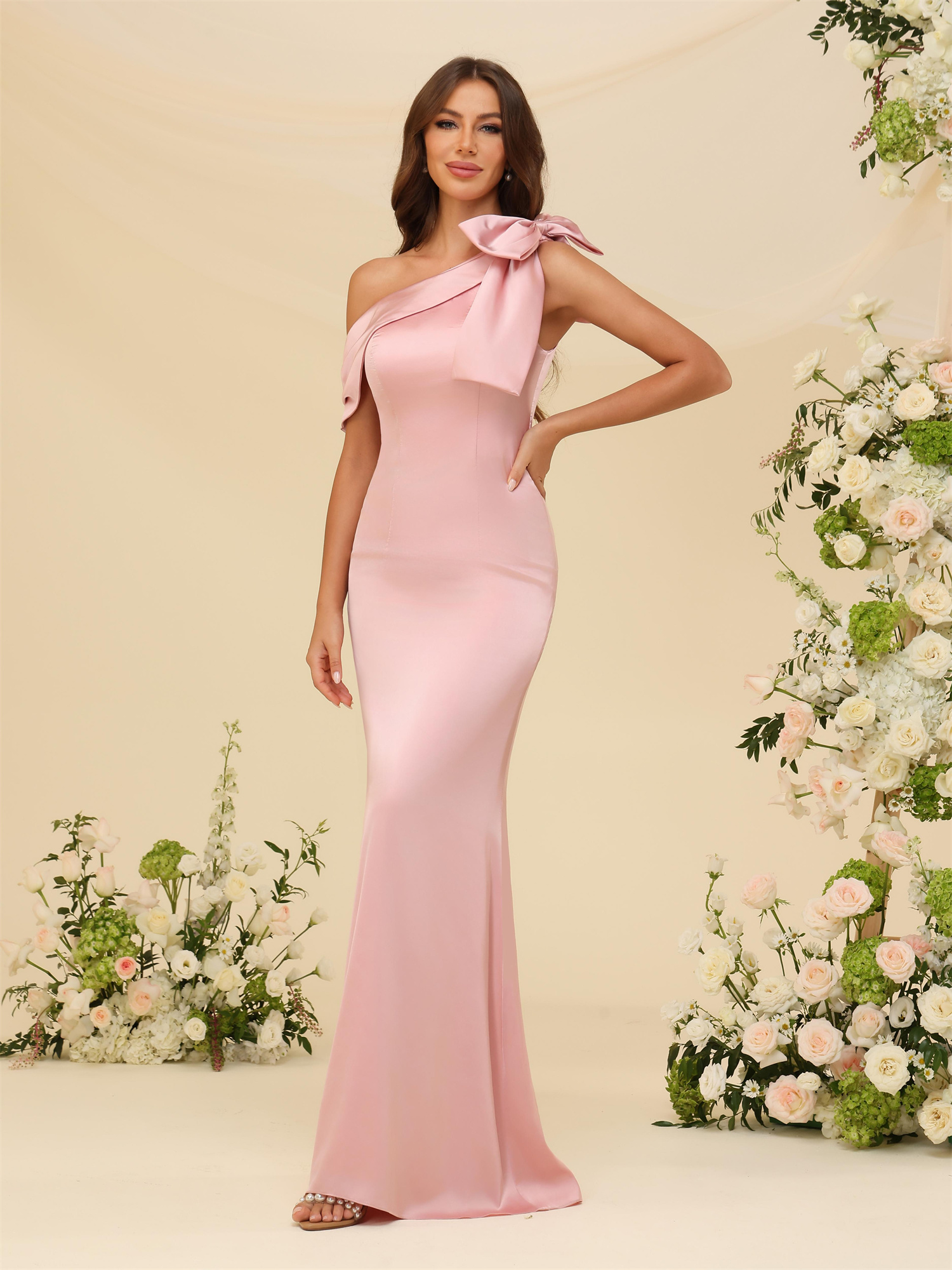 Sheath One Shoulder Satin Bow Bridesmaid Dress #BM2507141